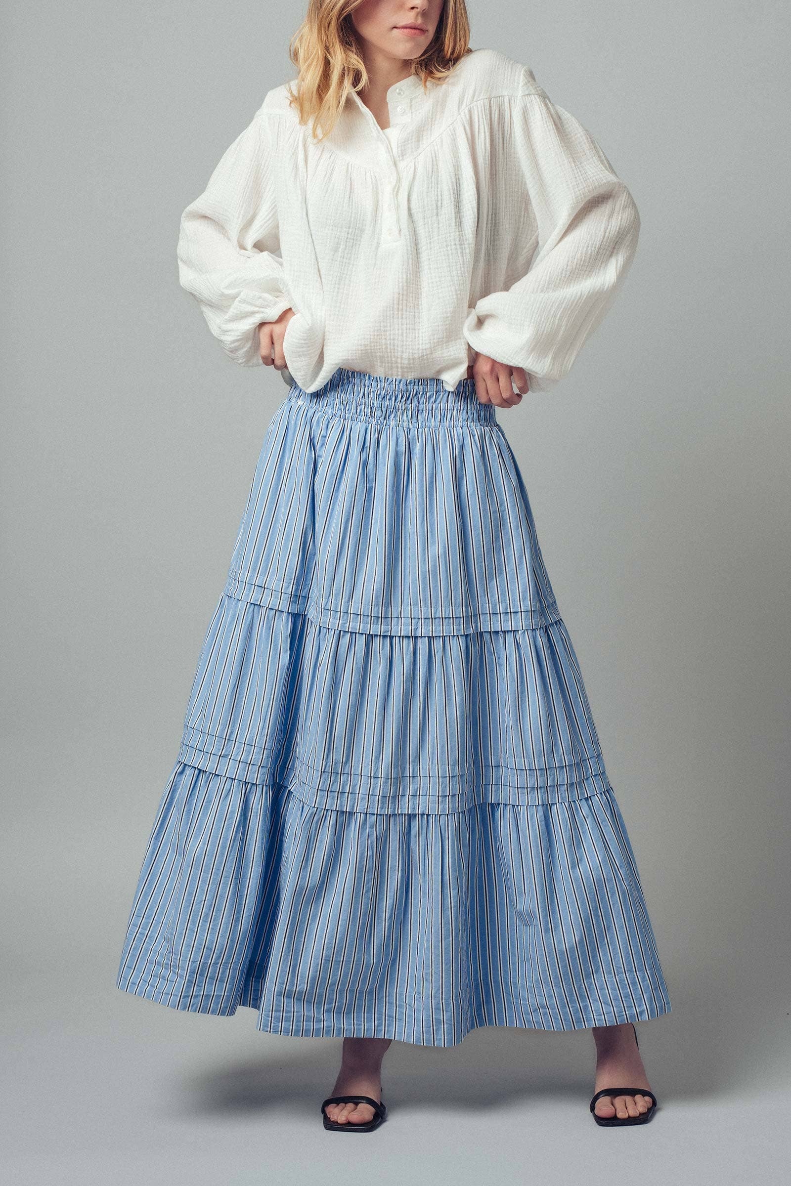 Striped Cotton Tiered Smocked Maxi Skirt