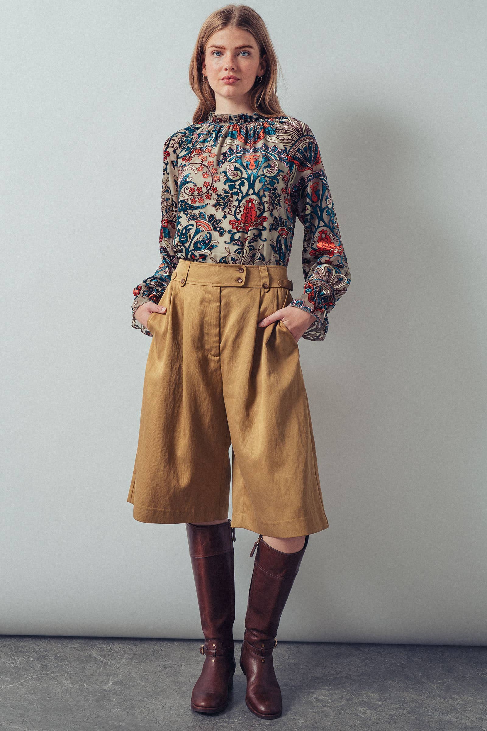 Burnout Velvet Smocked Mock Neck Blouse