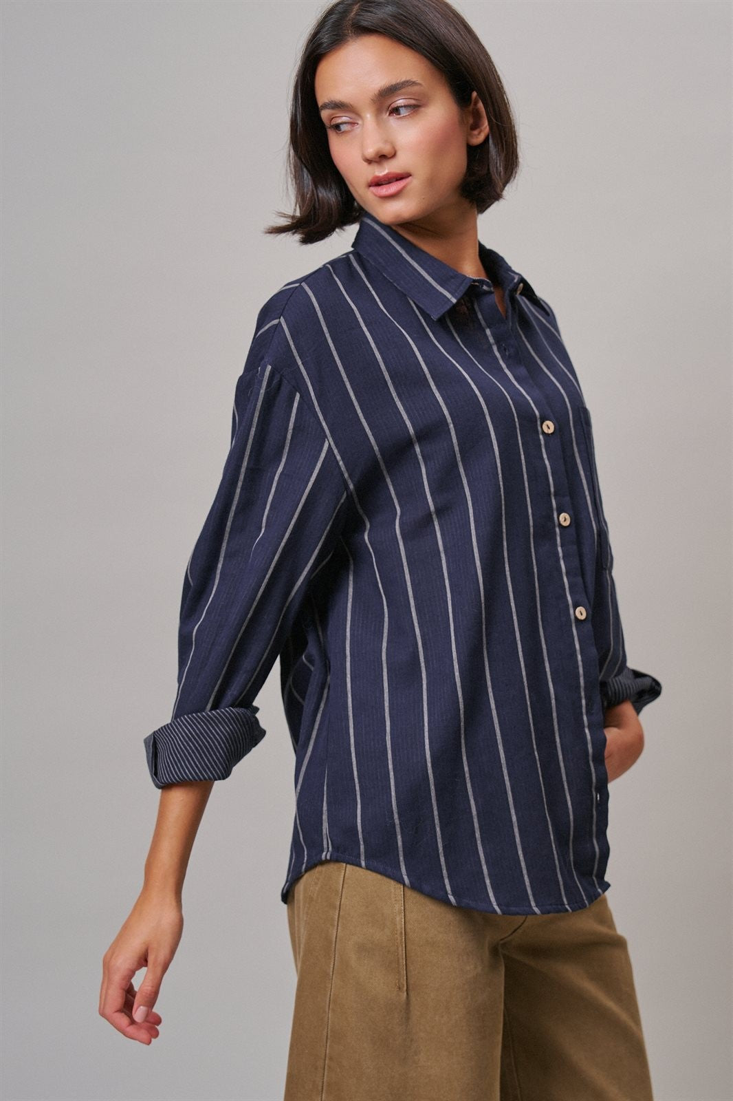 Oversized Striped Cotton Button-Down Shirt in NAVY - Women's Shirts & Blouses | Urban Daizy