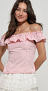 Urban Daizy Gingham Ruffle Off-Shoulder Crop Top Pink Blouse - Women's (UDZ-TP-01034)