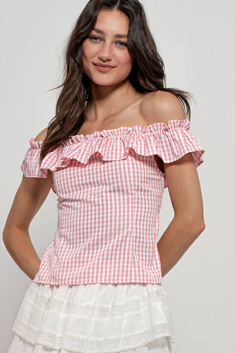 Urban Daizy Gingham Ruffle Off-Shoulder Crop Top Pink Blouse - Women's (UDZ-TP-01034)