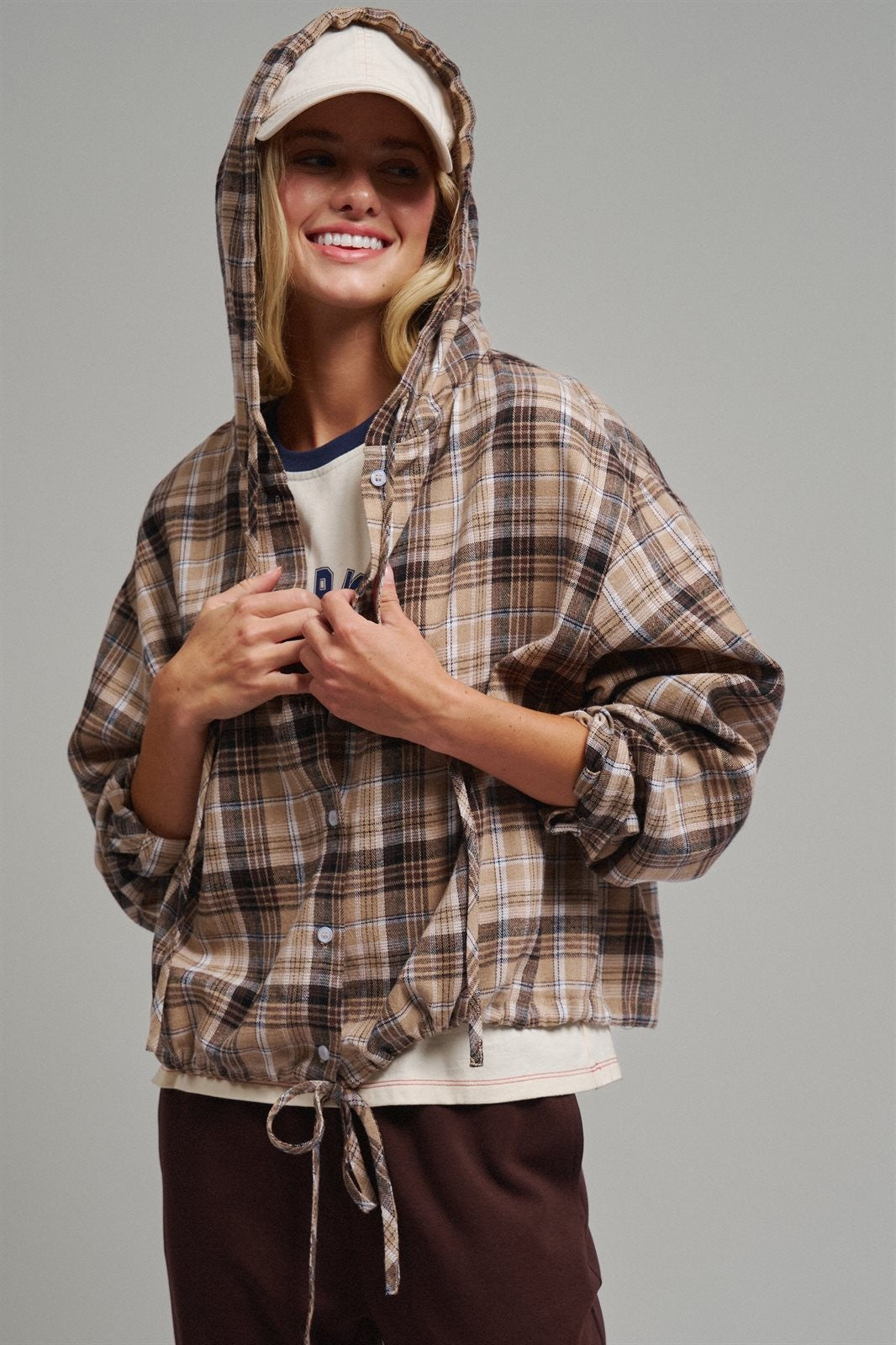 Plaid Flannel Hooded Shirt Jacket with Drawstring Hem in KHAKI - Women's Shirts & Blouses | Urban Daizy