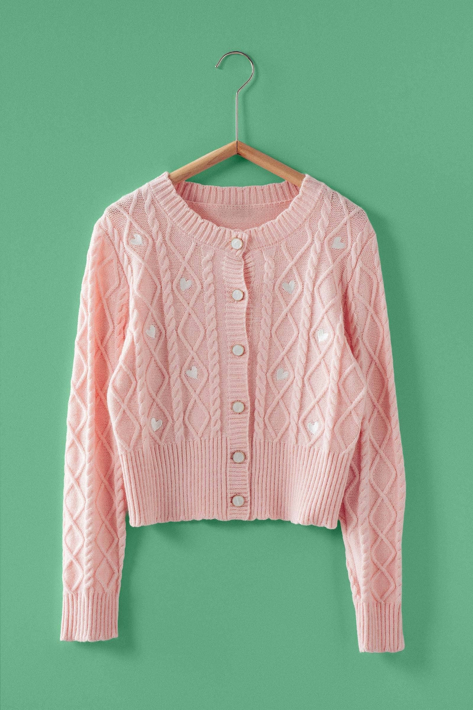 Cable Knit Heart Embroidered Cardigan