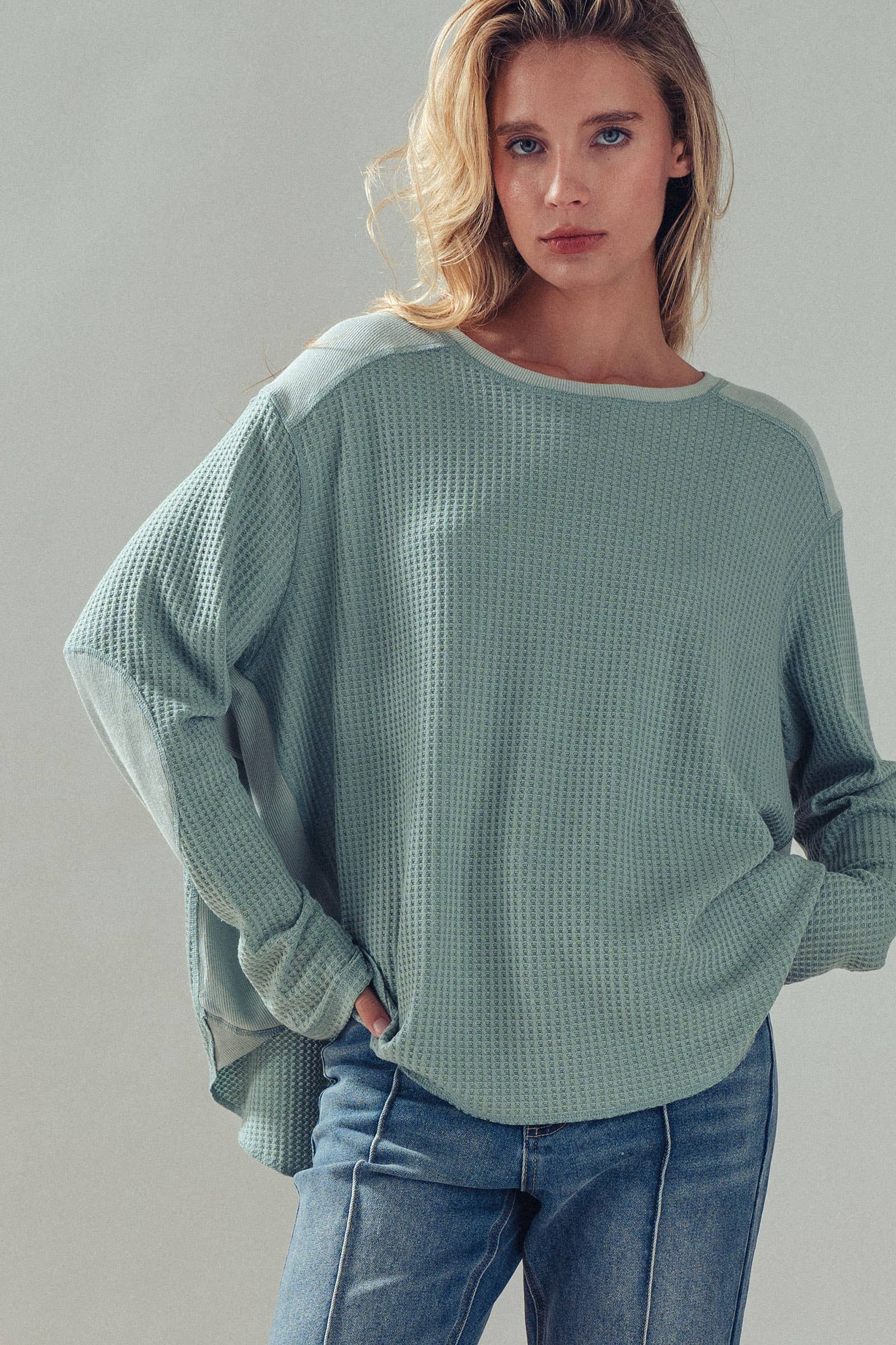 Oversized Waffle Knit High-Low Tunic Top