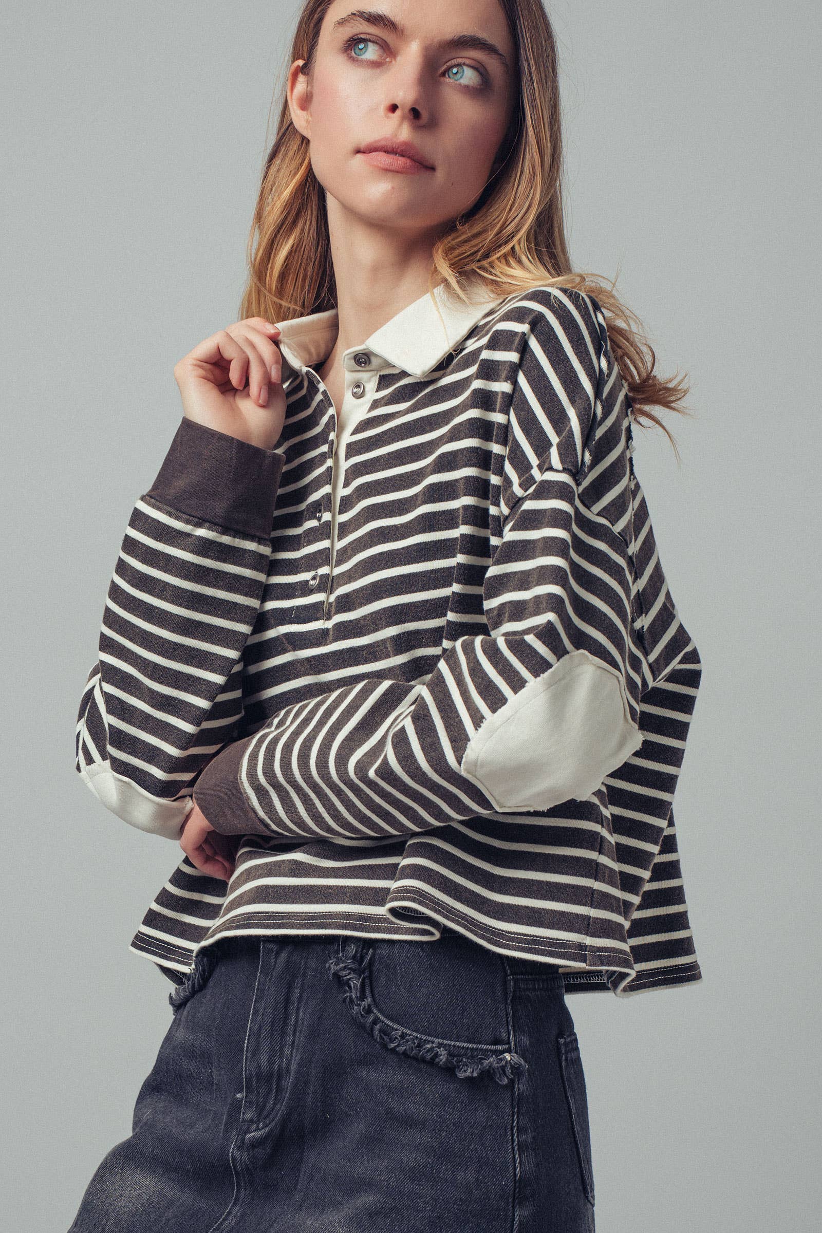 Urban Daizy Playful Cropped Stripe Cotton Top Black-White Polo - Women's (UDZ-PT-00355) – alternate view 2