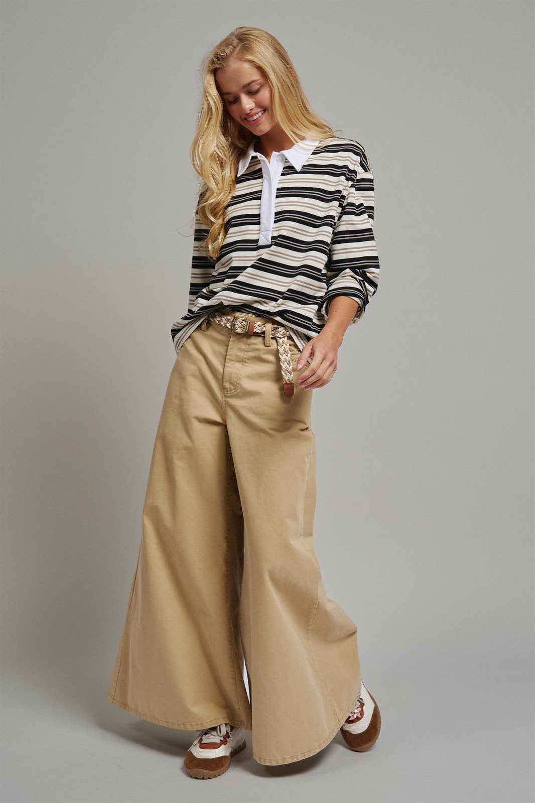 Washed Cotton Wide Leg Palazzo Pants with Woven Belt in KHAKI - Women's Casual Pants | Urban Daizy