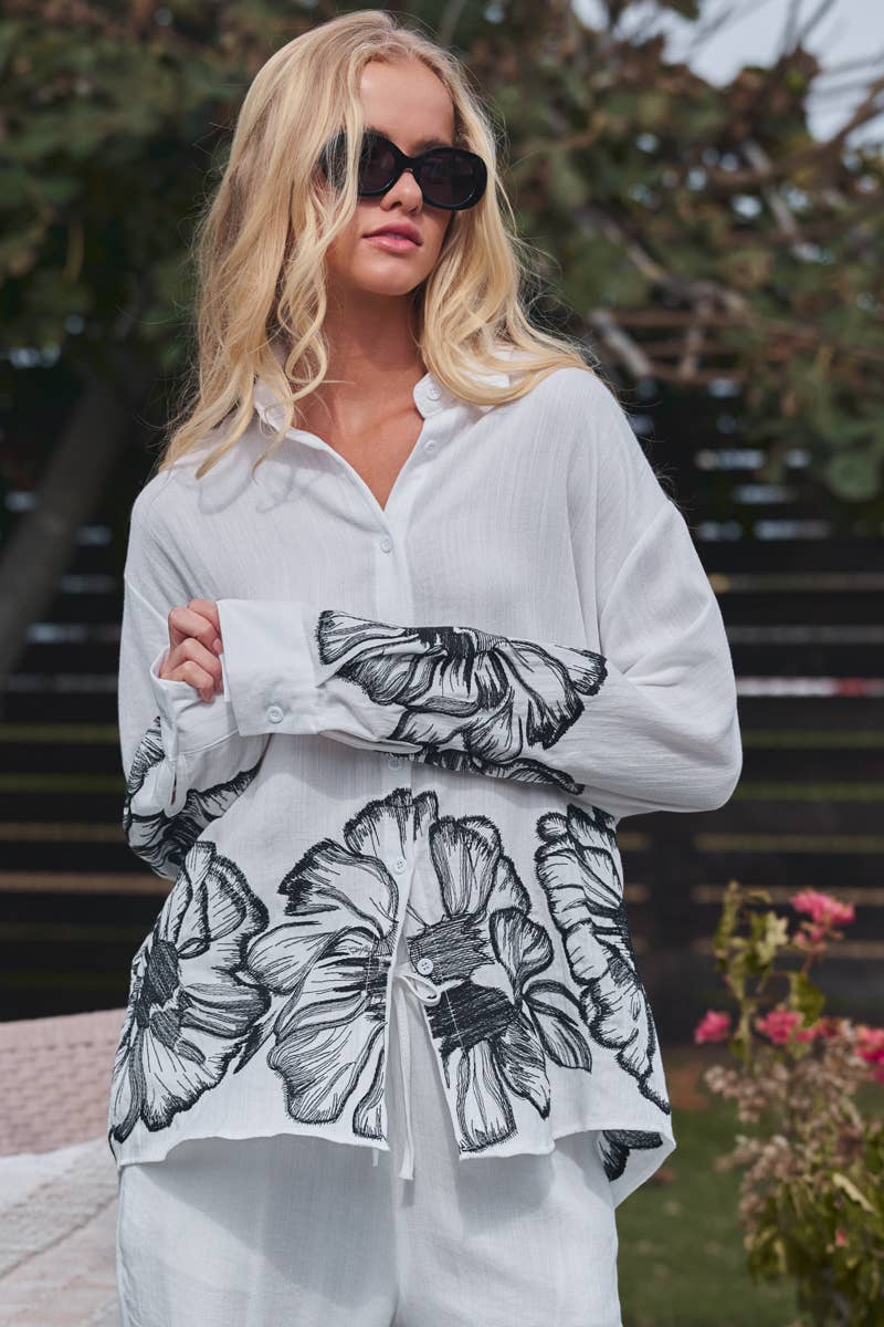 Urban Daizy Floral Embroidered Oversized Button Down Shirt Taupe Button Down Shirt - Women's (UDZ-OT-00168)