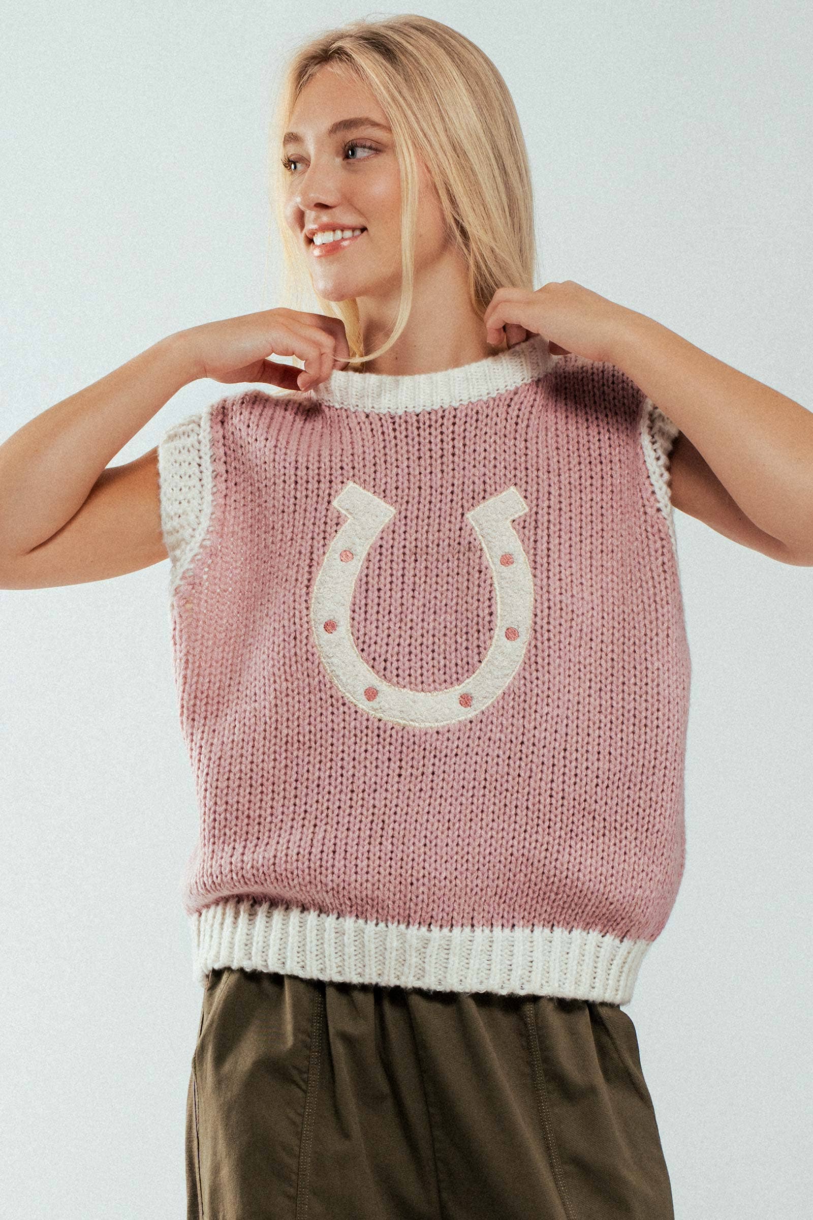 Urban Daizy Western Horseshoe Crochet Knit Ribbed Trim Sweater Vest Mocha Sweater Vest - Women's (UDZ-KN-00574) –…