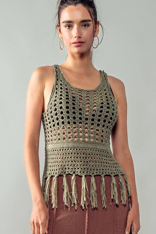 Urban Daizy Crochet Knit Boho Tassel Hem Summer Cover Top Khaki Knit Top - Women's (UDZ-TP-00504) – alternate view 2