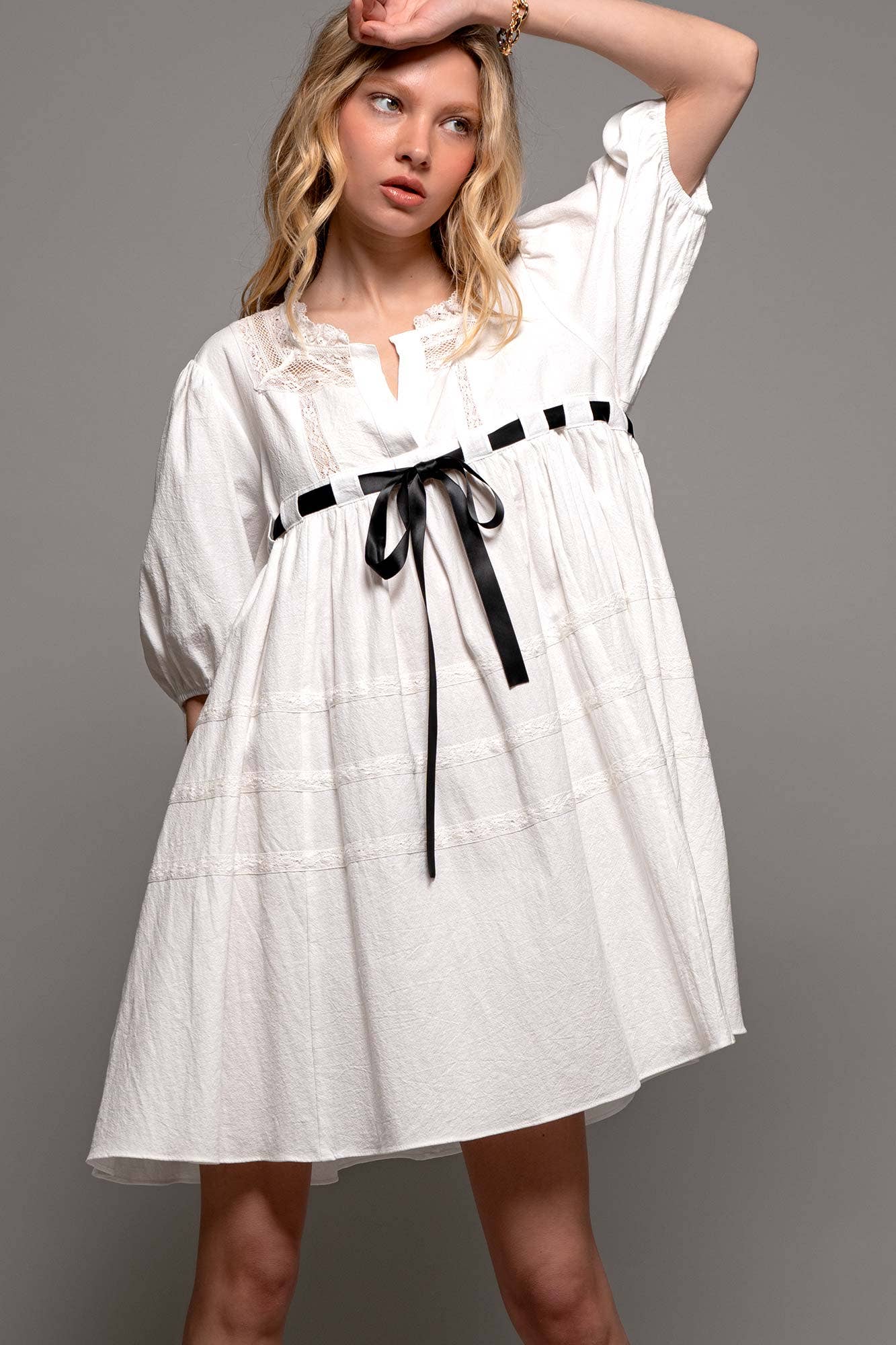 Urban Daizy Square Neck Lace Trim Bow Detail Empire Waist Dress Ivory Dress - Women's (UDZ-DR-00332) – alternate view 8