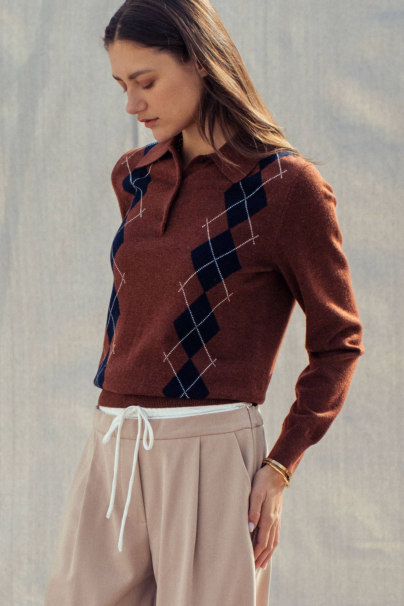 Classic Argyle Knit Polo Sweater