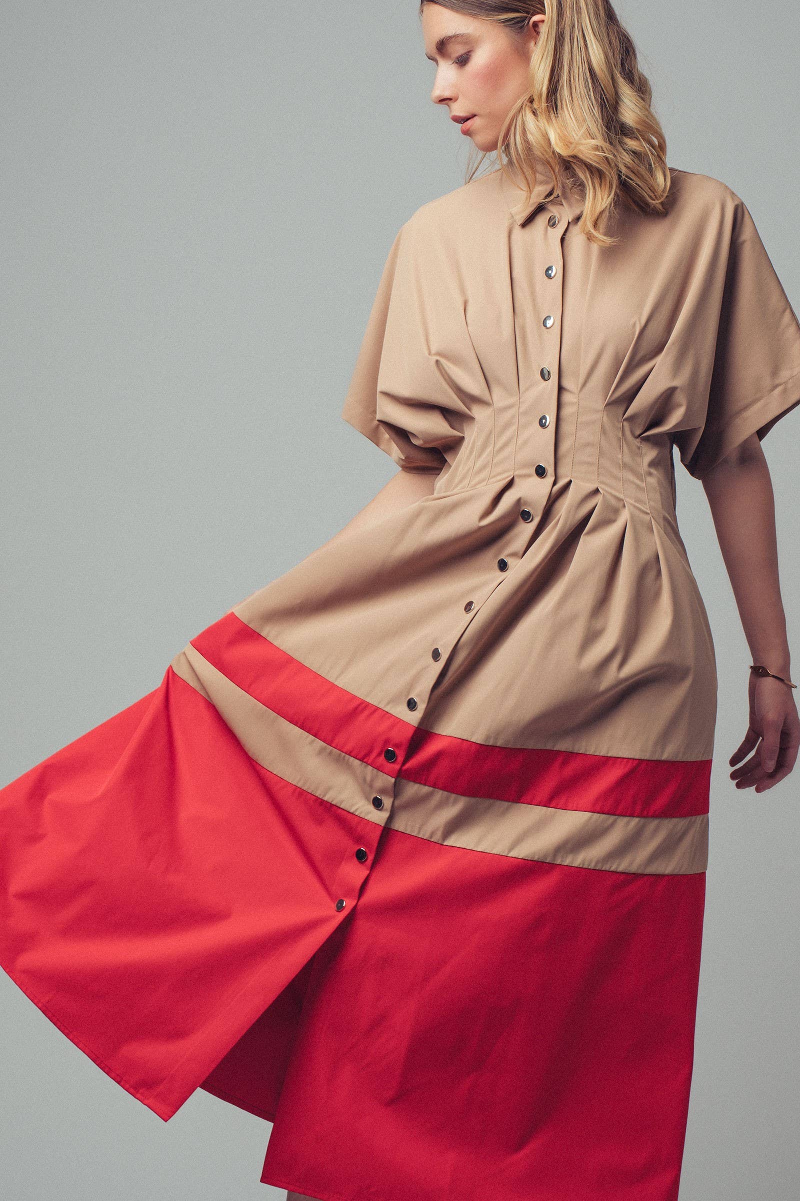 Colorblock Button-Up Cotton Midi Dress