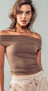 Urban Daizy Bare Bond Off the Shoulder Top - Ruched Sleeve Mocha Knit Top - Women's (UDZ-TP-00495)