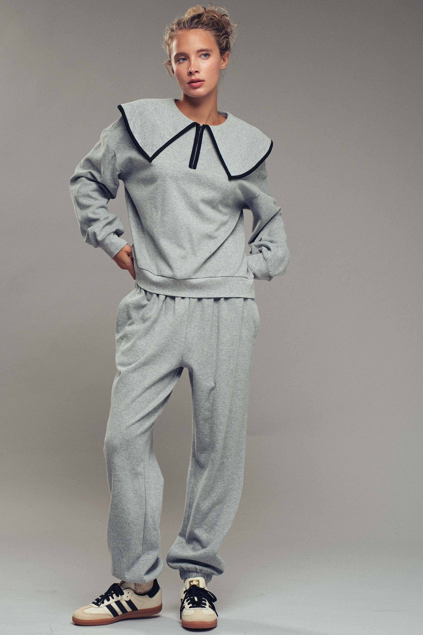 Urban Daizy Statement Sailor Collar Quarter Zip Lounge Set H-Grey Black Top & Pant Set (NOT Loungewear) - Women's… –…
