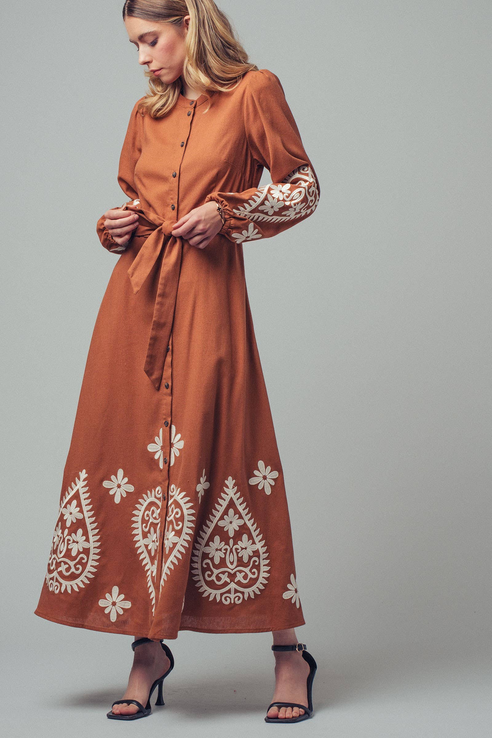 Urban Daizy Paisley Embroidered Belted Maxi Dress Camel Dress - Women's (UDZ-DR-00509) – alternate view 13