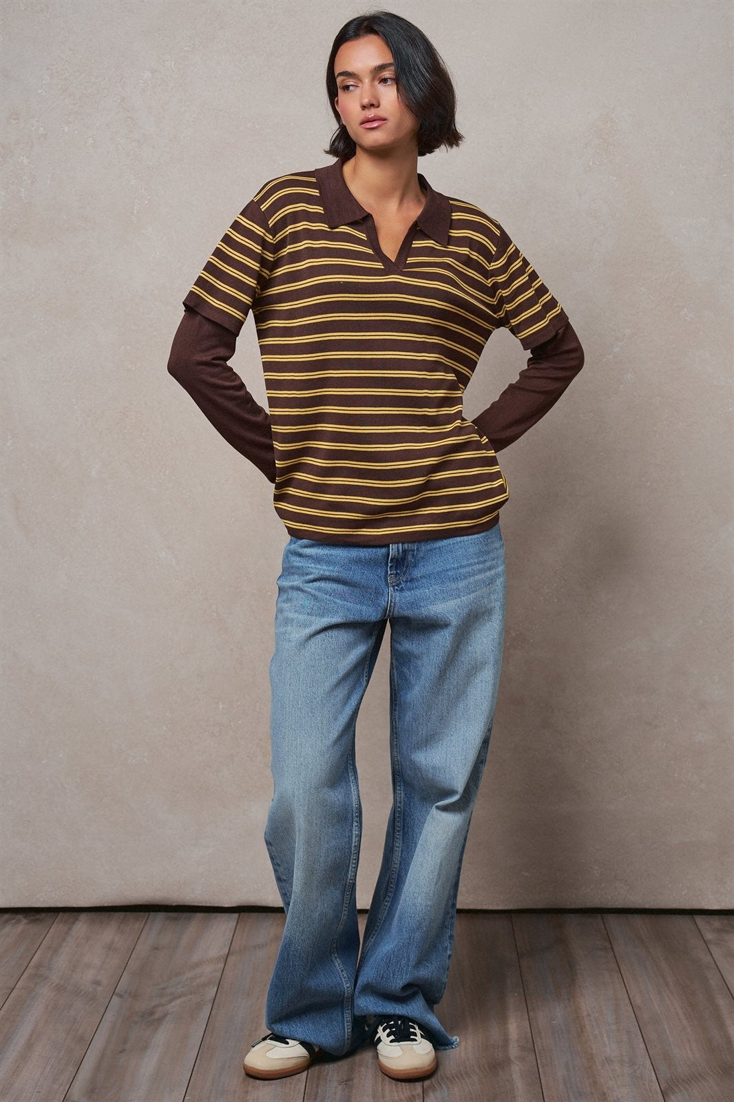 Striped Collared Layered Polo Top in BROWN - Women's Sweaters | Urban Daizy