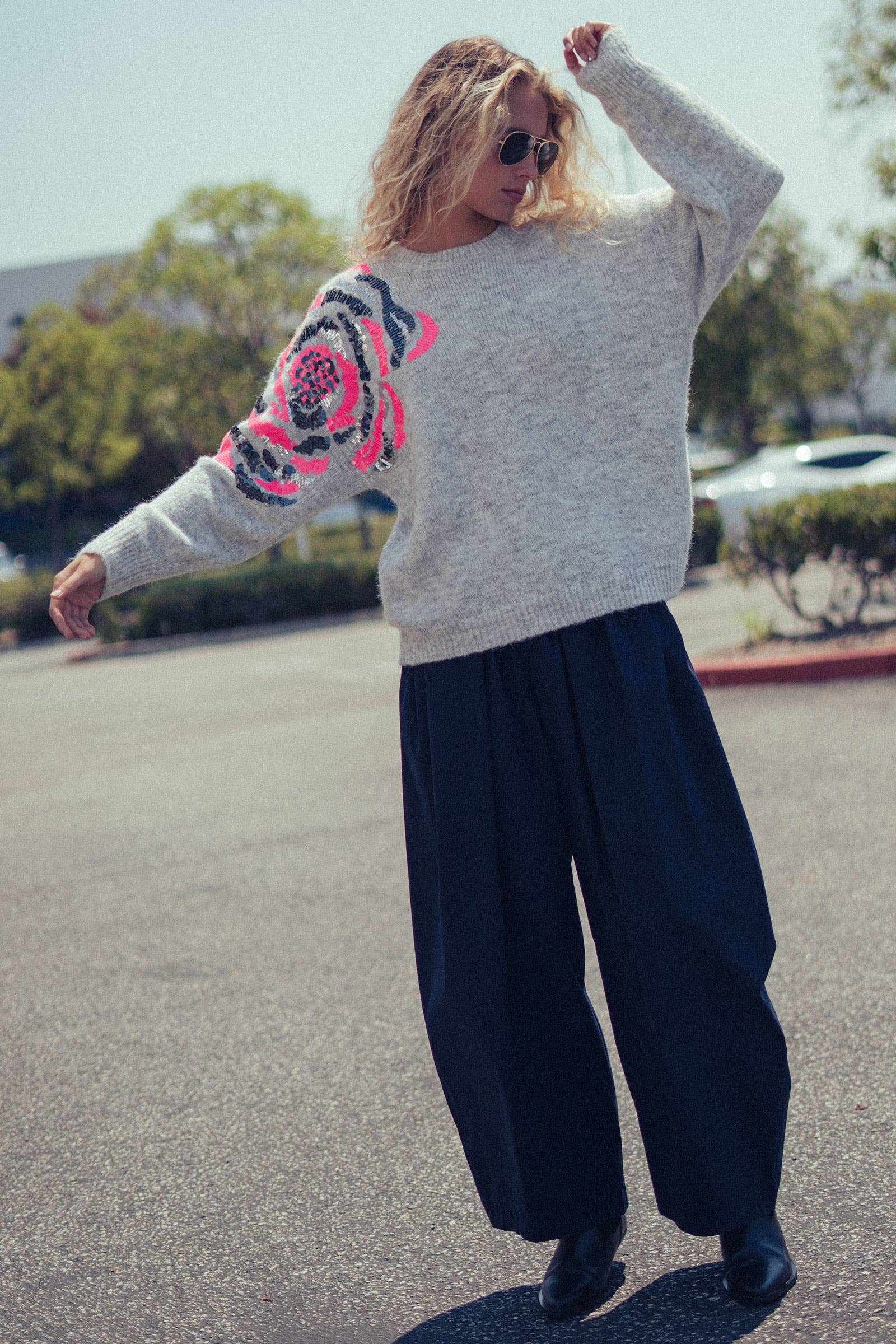 Sequin Floral Fuzzy Knit Sweater