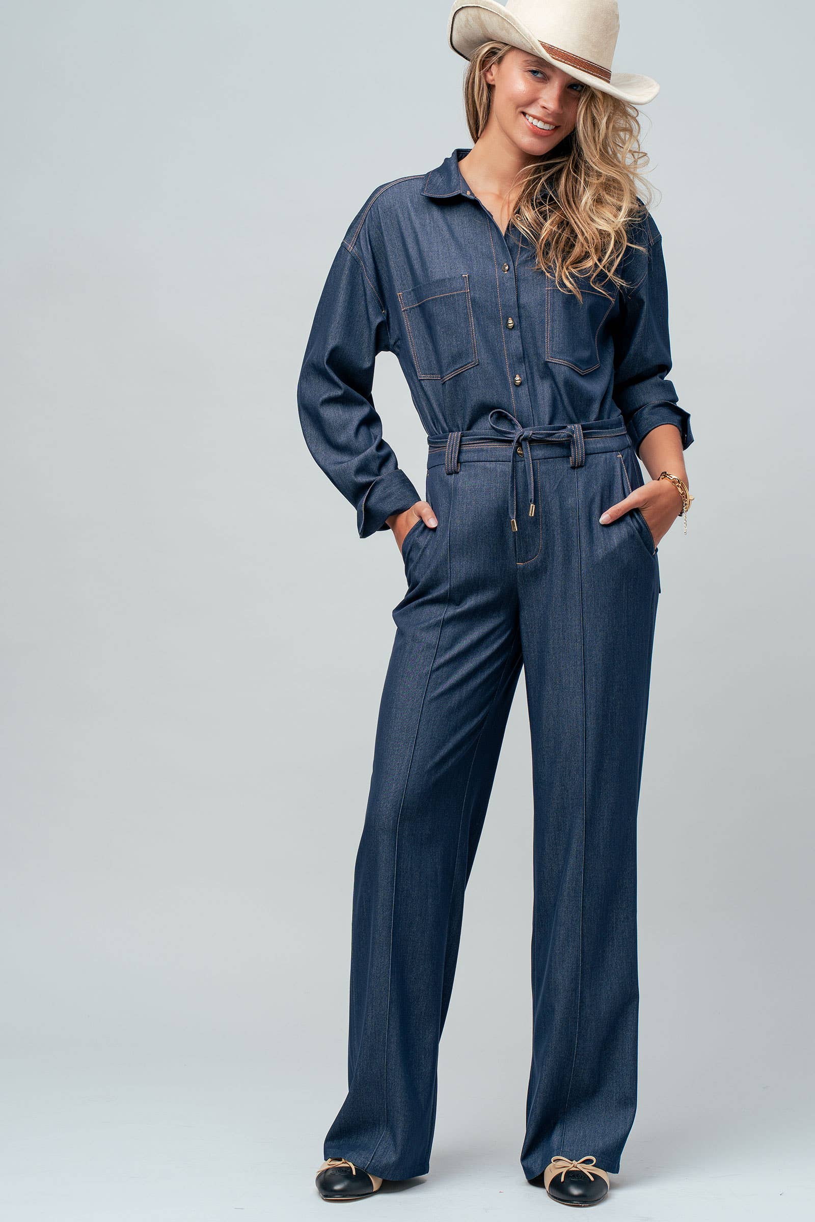 Drawstring Wide Leg Denim Pants