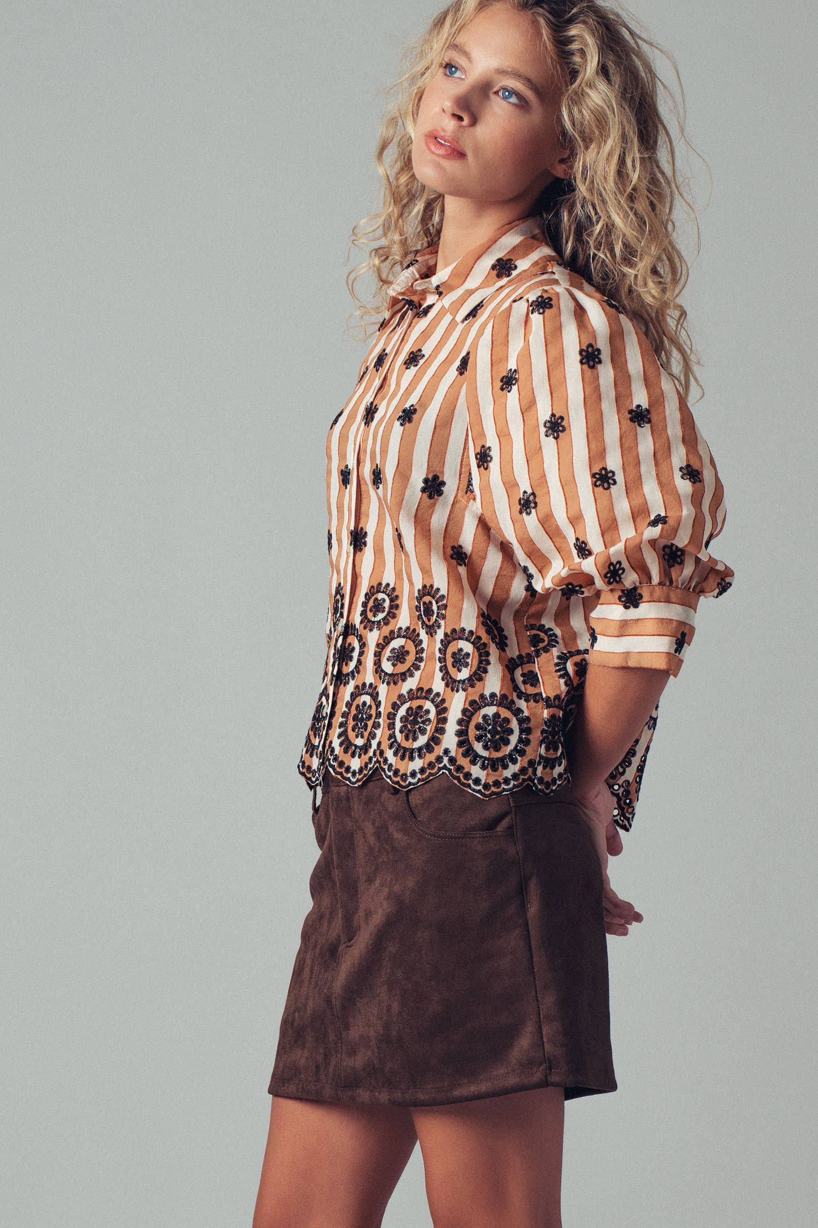 Urban Daizy Striped Floral Embroidered Scallop Blouse Olive Button Down Shirt - Women's (UDZ-TP-00953) – alternate view 14