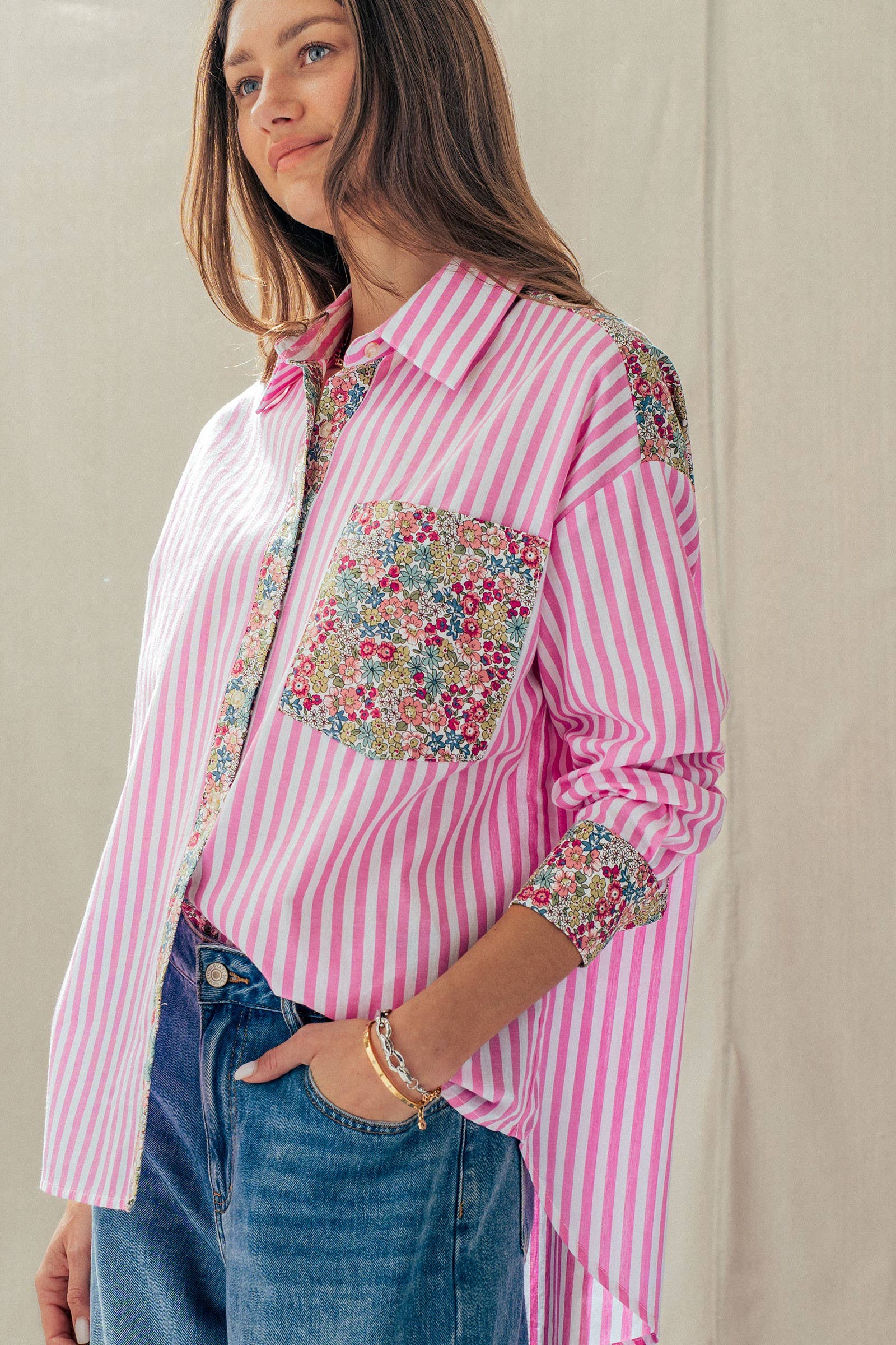 Floral Contrast Mixed Print Striped Shirt
