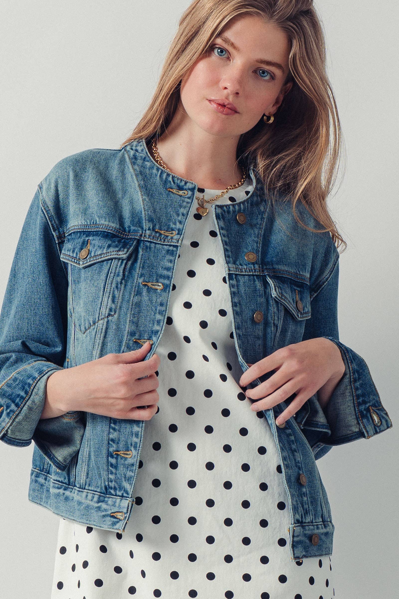 Urban Daizy Collarless Wash Denim Chore Jacket Denim Denim Jacket - Women's (UDOW0294-Denim) – alternate view 3