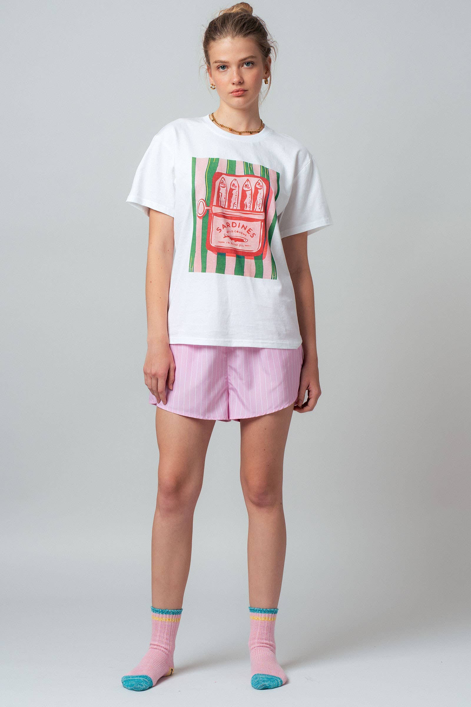 Sardine Graphic Tee and Striped Shorts Set