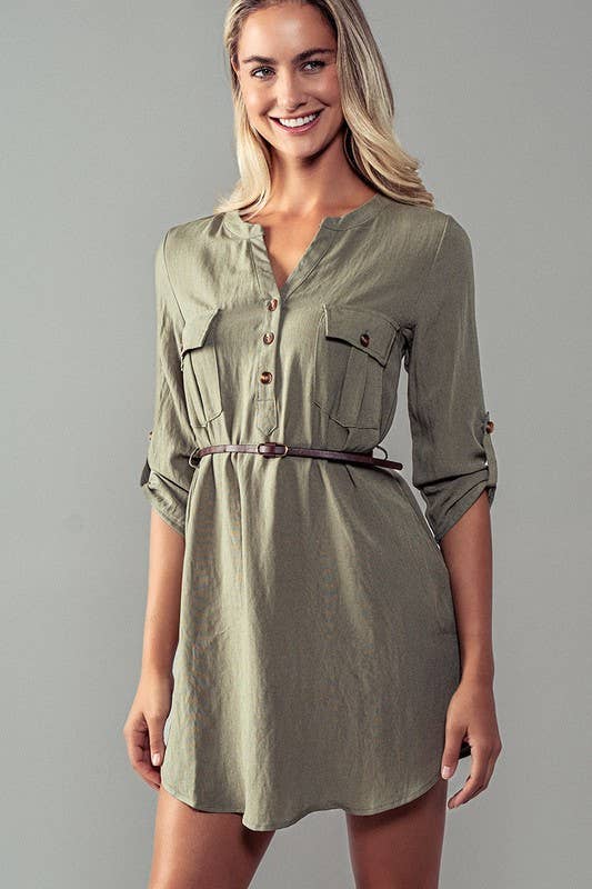 Utility Pocket Belted Henley Mini Dress