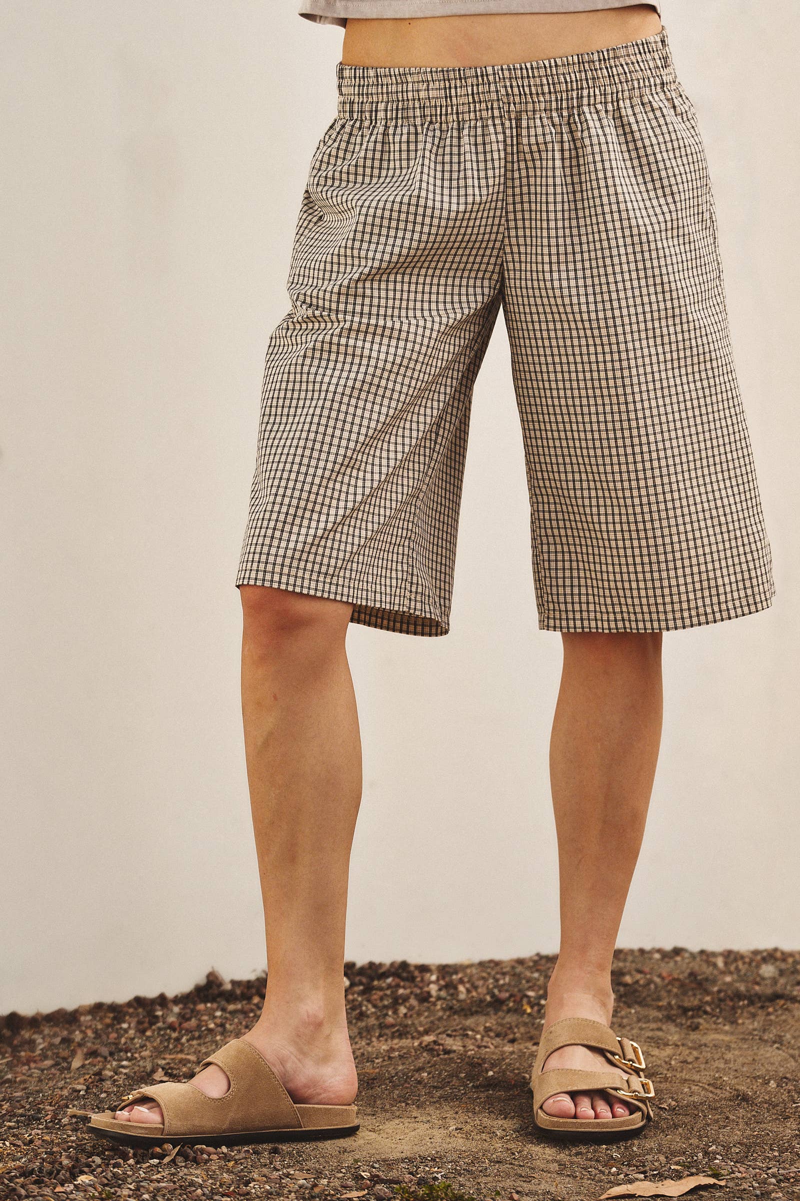 Urban Daizy Classic Check Print Elastic Bermuda Shorts Cream Shorts - Women's (UDPT0174-Cream) – alternate view 2