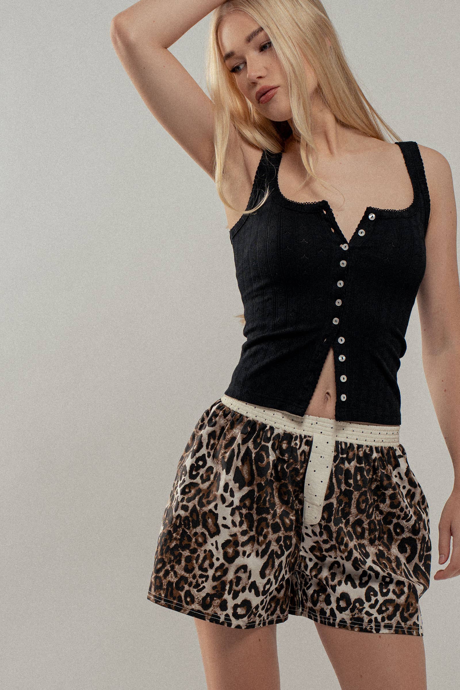 Ribbed Cotton Button-Front Picot Trim Tank