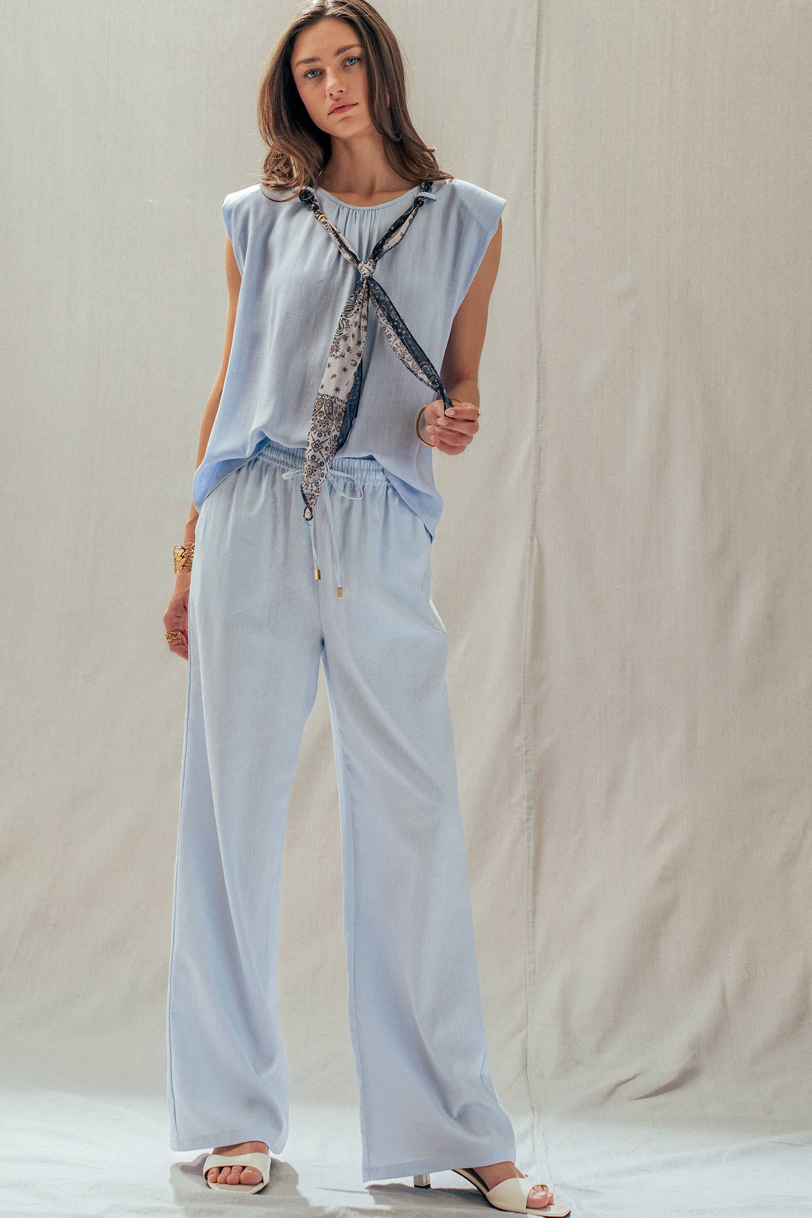 Linen Blend Wide Leg Pants Drawstring Waist