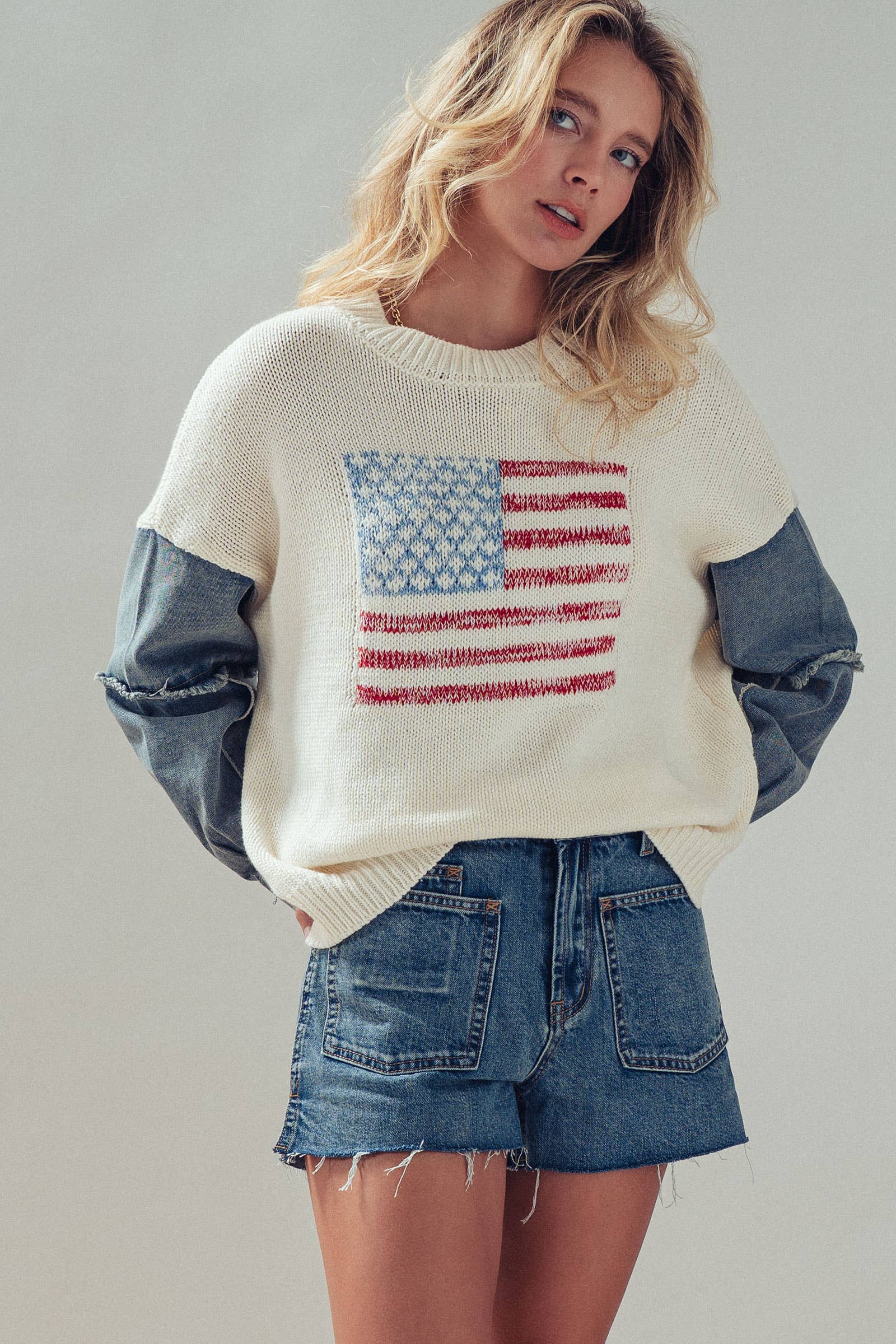 American Flag Mixed Media Denim Sleeve Sweater