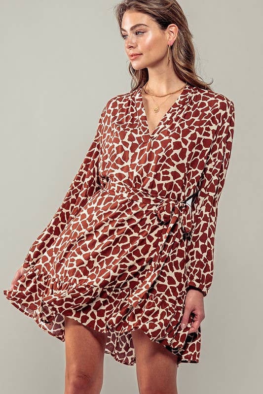 Urban Daizy Giraffe Print Long Sleeve V Neck Belted Mini Western Dress Rust Dress - Women's (UDZ-DR-00066)