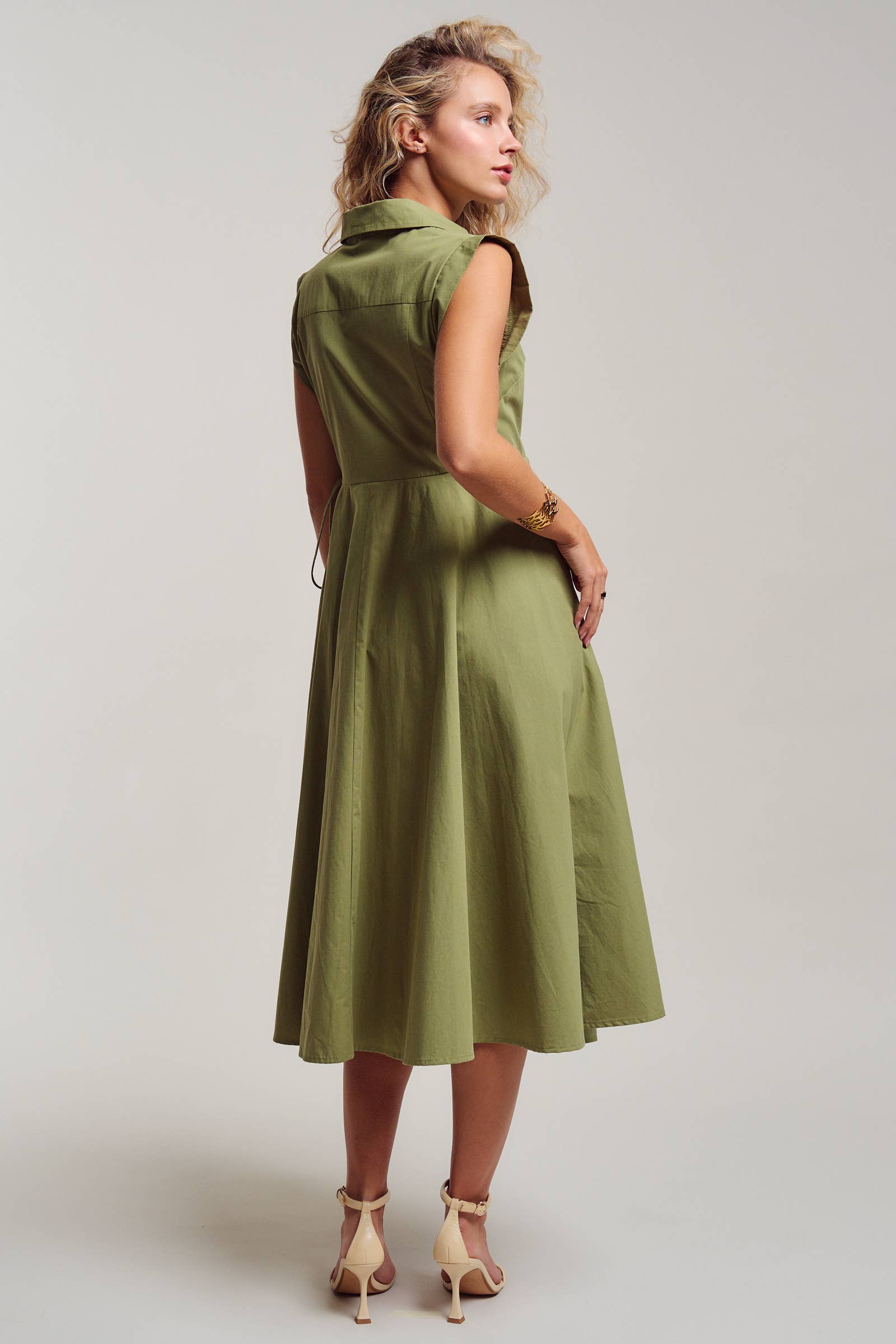 Collared Cap Sleeve Wrap Midi Dress