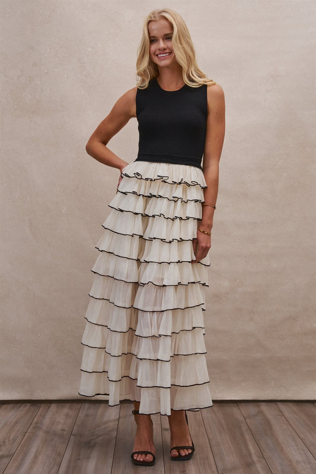 Tiered Ruffle Maxi Dress with Contrast Trim in BLACK - Women's Cocktail Dresses | Urban Daizy