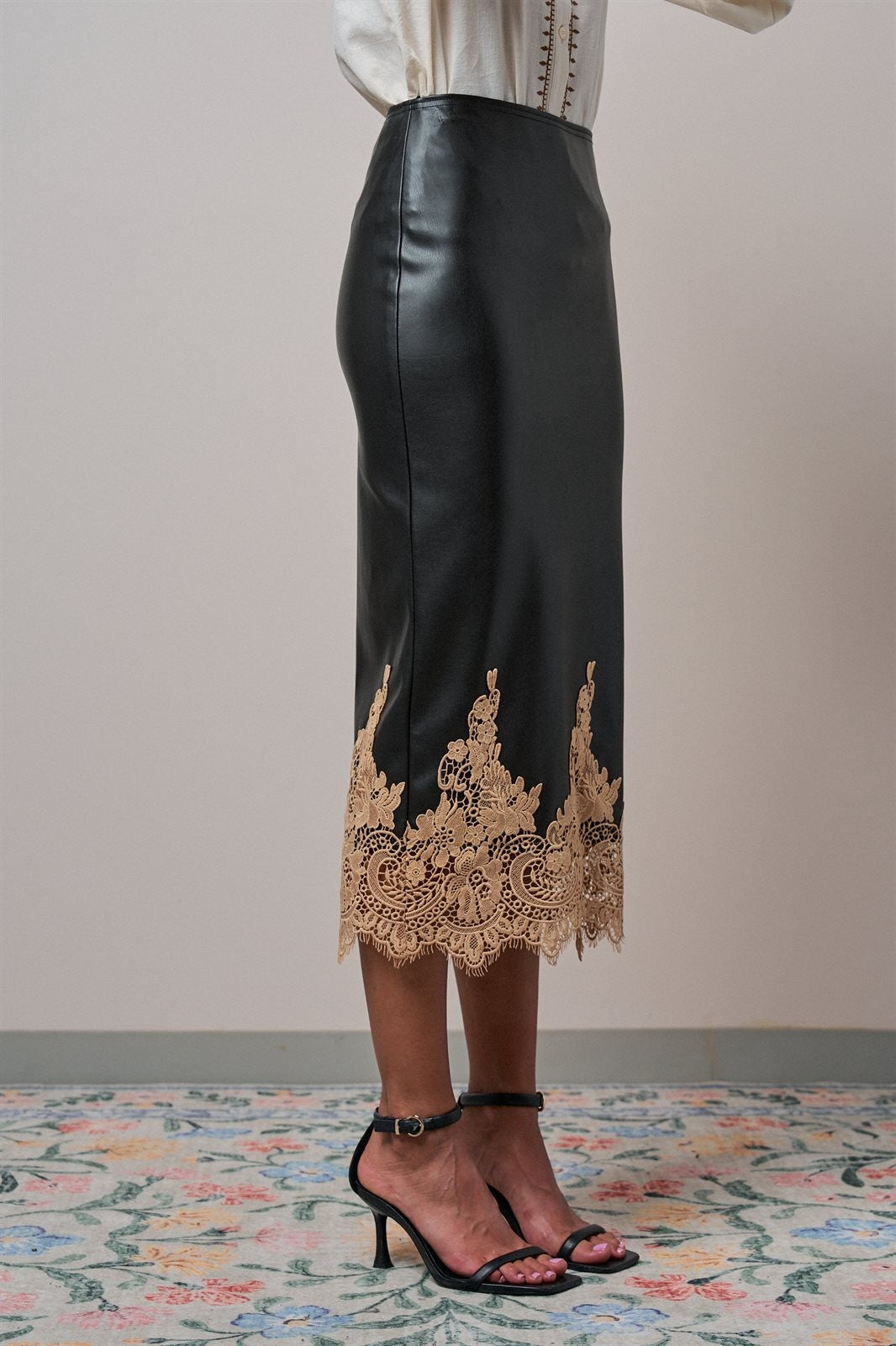 Faux Leather Lace Trim Midi Pencil Skirt in BLACK - Women's Midi Skirts | Urban Daizy