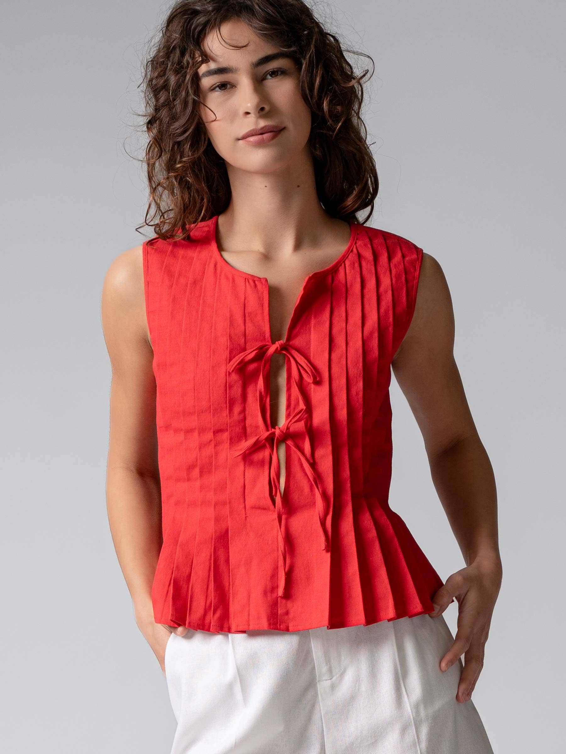 Urban Daizy Pleated Bow Front White Top Ivory Blouse - Women's (UDZ-DR-00389) – alternate view 20