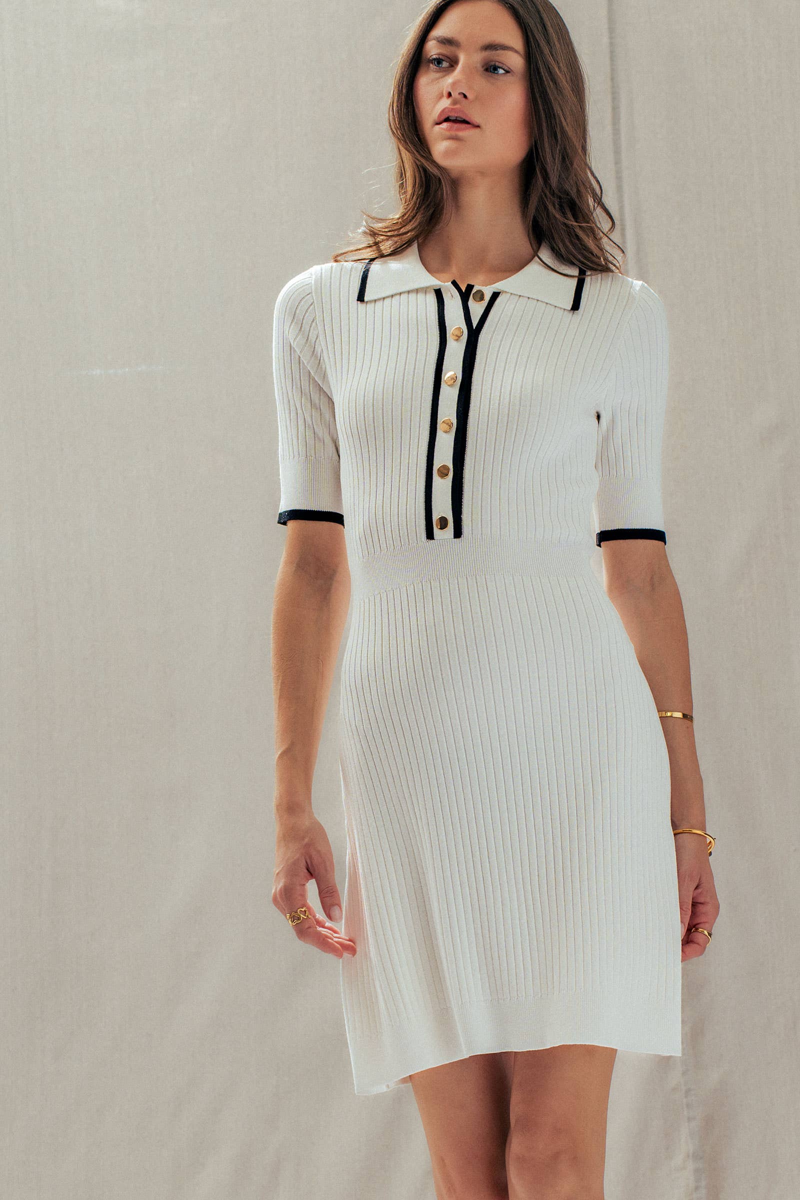 Urban Daizy Contrast Trim Ribbed Knit Polo Mini Dress Ivory-Black Dress - Women's (UDDR0341-Ivory-Black) – alternate view 4