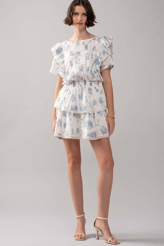 White Blue Floral Ruffle Sleeve Tiered Mini Dress