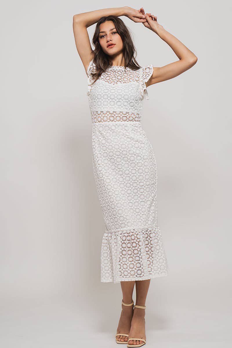 Urban Daizy White Lace Scalloped Ruffle-Sleeve Midi Dress White Dress - Women's (UDZ-DR-00345) – alternate view 9