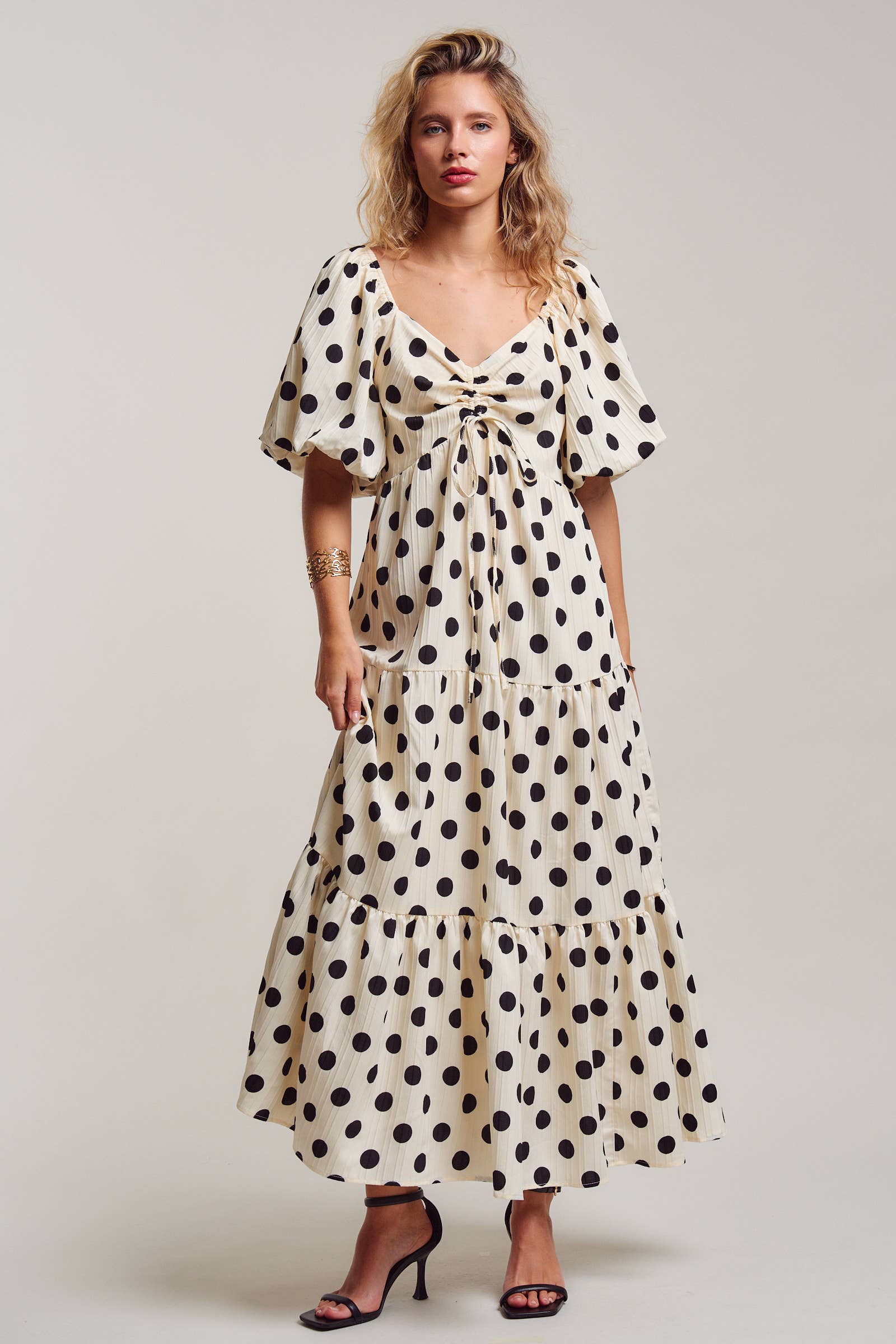 Urban Daizy Textured Polka Dot Tie-Front Puff Sleeve Maxi Dress Ivory Dress - Women's (TNDR1408-Ivory)