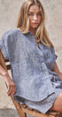 Urban Daizy Striped Linen Short Sleeve Button-Down Shirt White Blouse - Women's (UDTP1453-White)