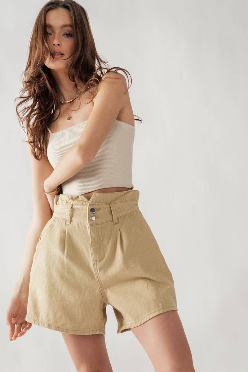 Urban Daizy Double Button Paper Bag Pleated Bermuda Shorts Beige Shorts - Women's (UDZ-PT-00015) – alternate view 4