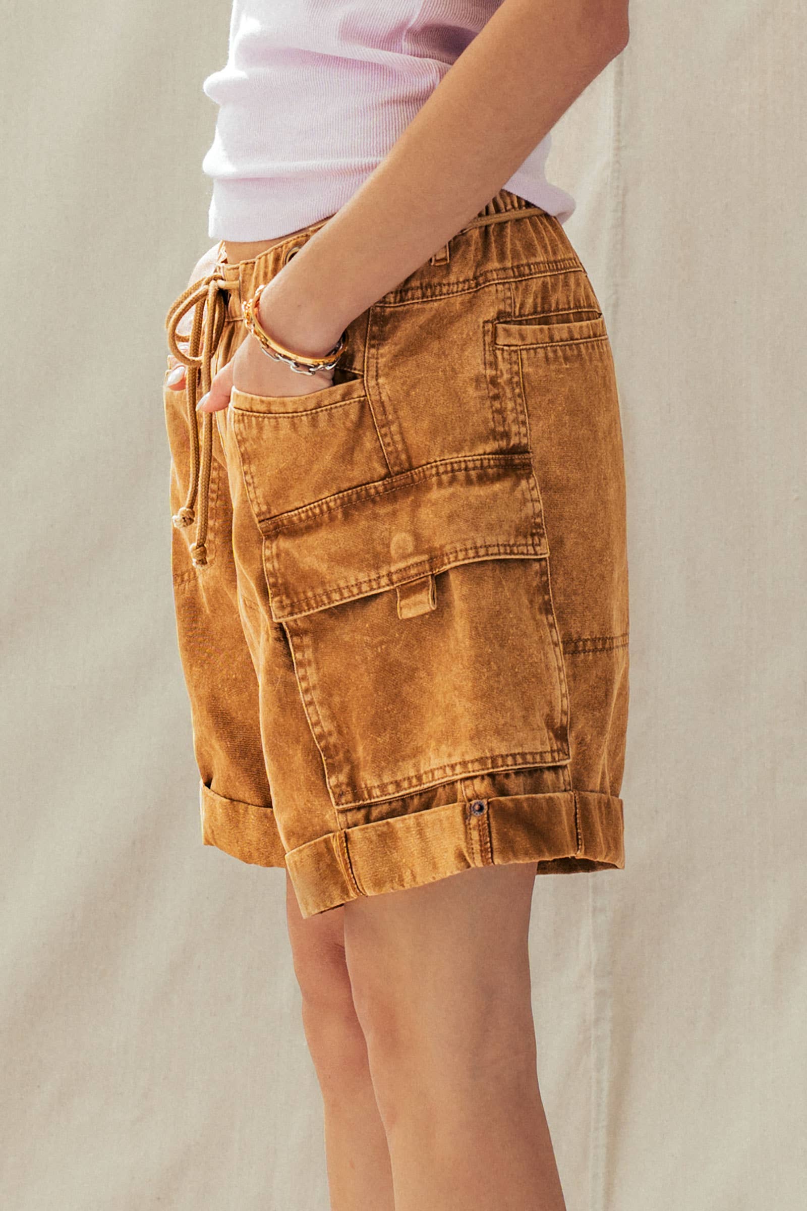 Urban Daizy Mineral Wash Cotton Utility Cargo Shorts Camel Shorts - Women's (UDZ-PT-00485) – alternate view 3