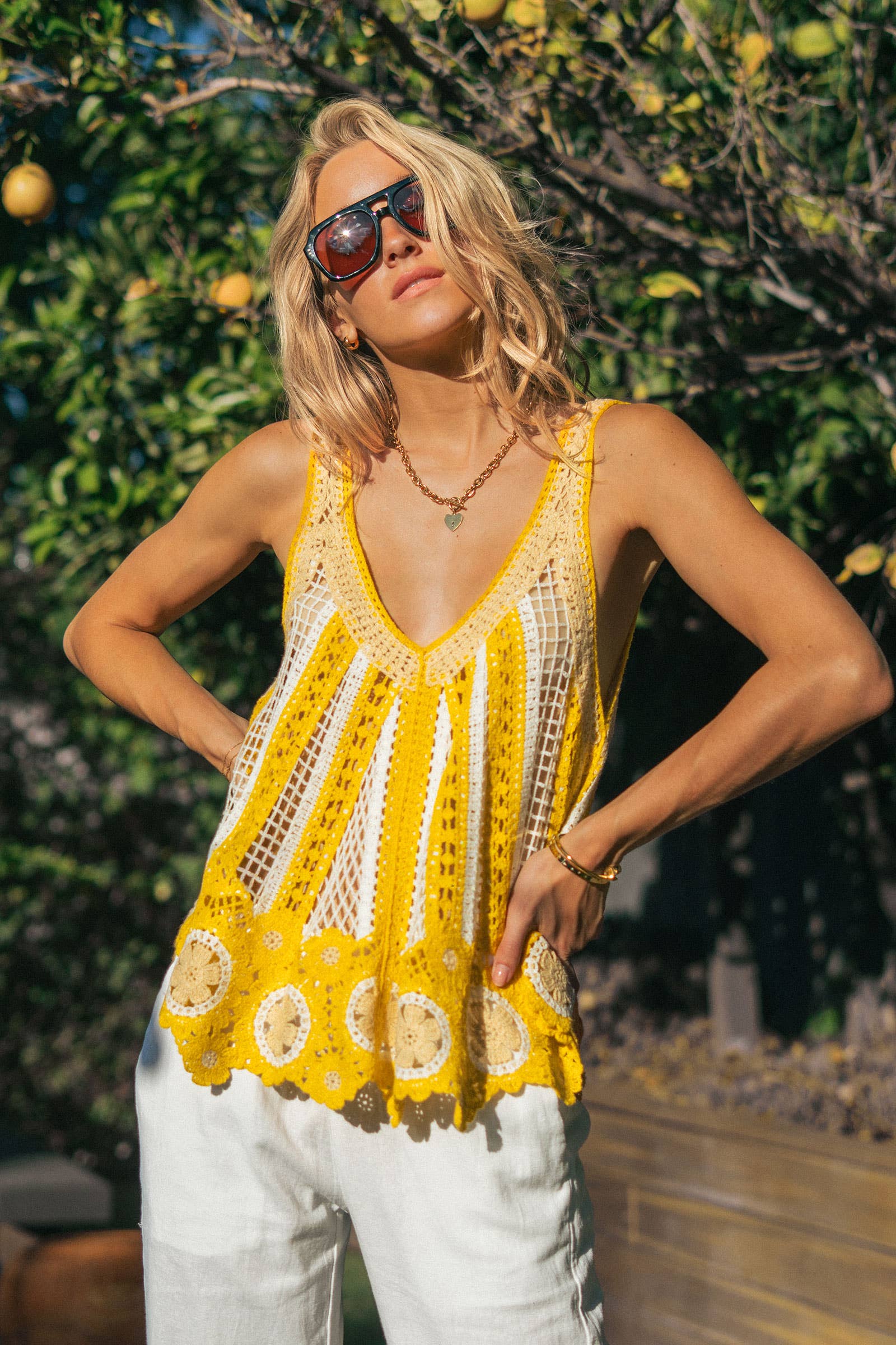 Floral Motif Open-Knit Crochet Tank