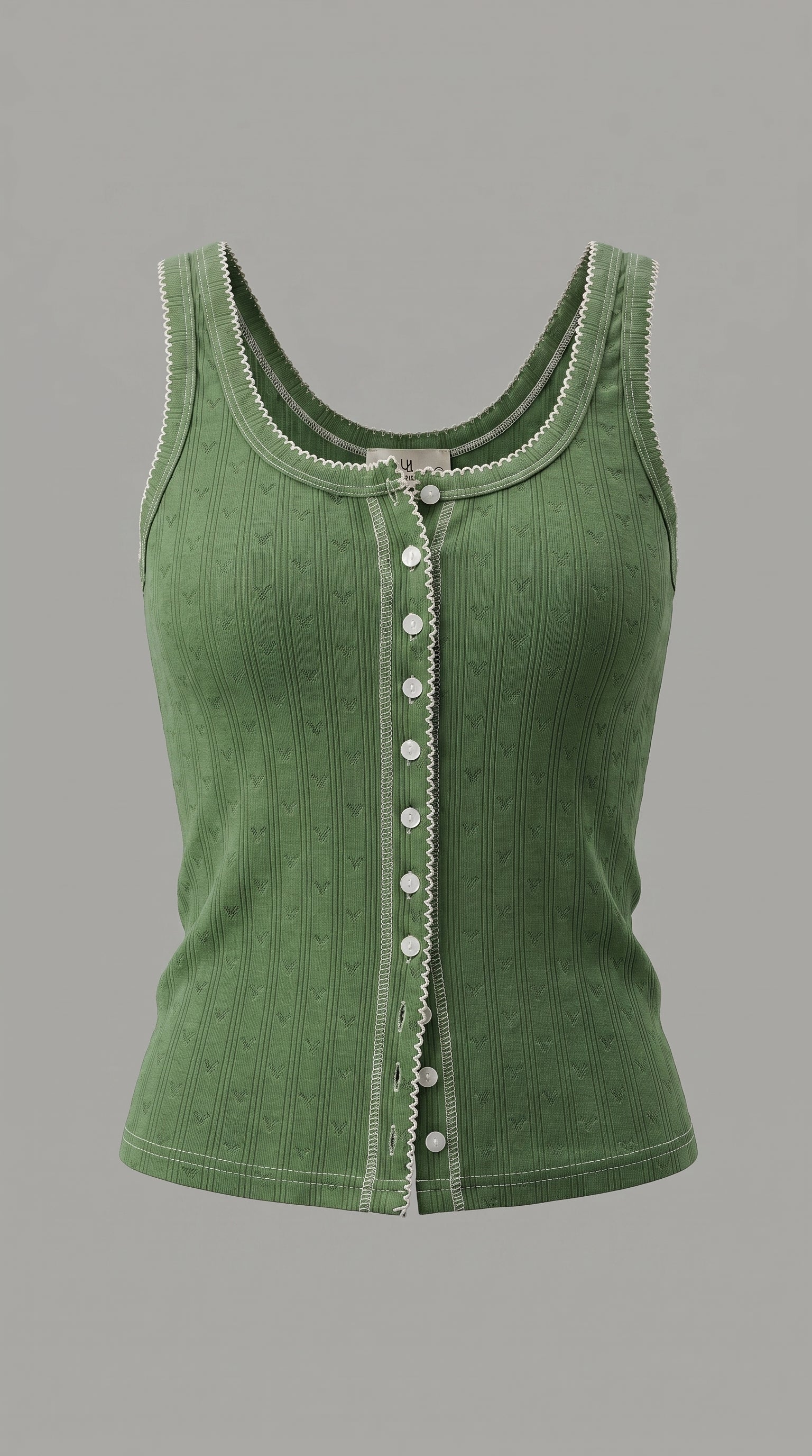 Ribbed Cotton Button-Front Picot Trim Tank