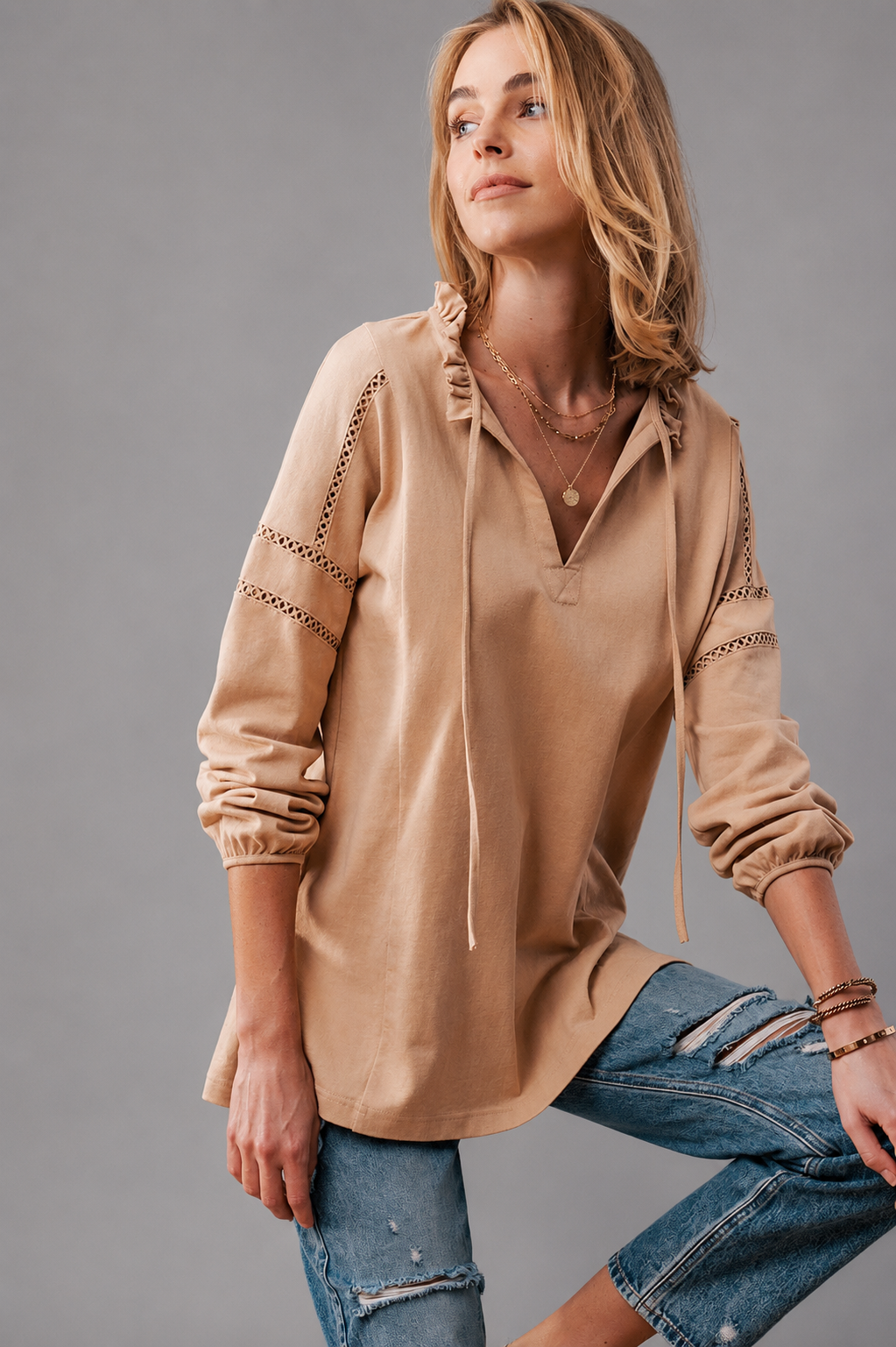 Crochet Trim Ruffle Neck Tie Front Top