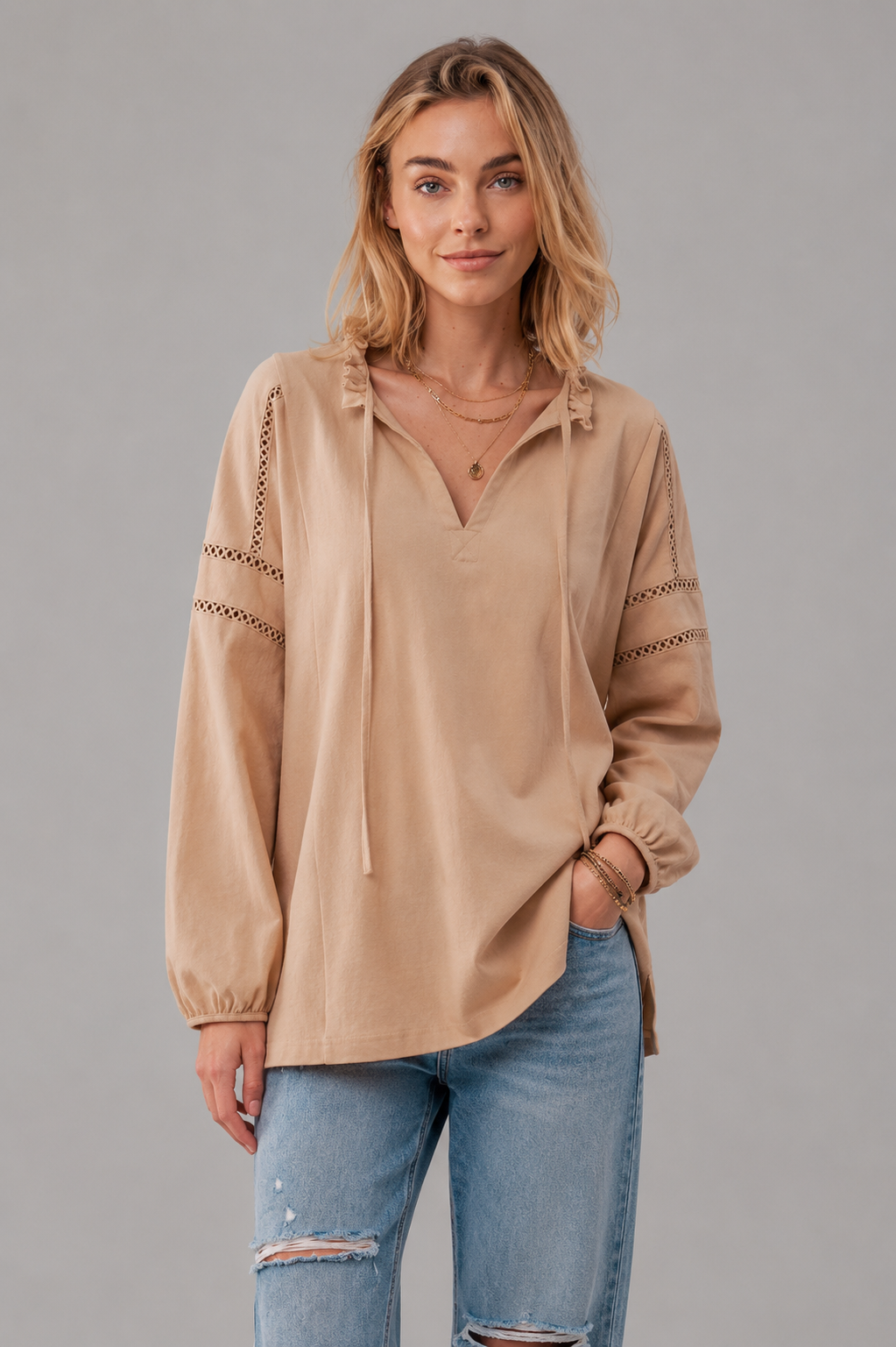 Crochet Trim Ruffle Neck Tie Front Top