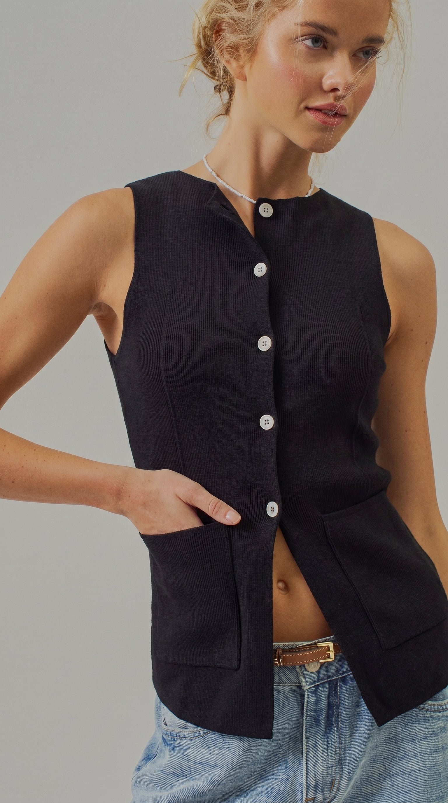 Cotton Knit Button-Front Sweater Vest with Pockets