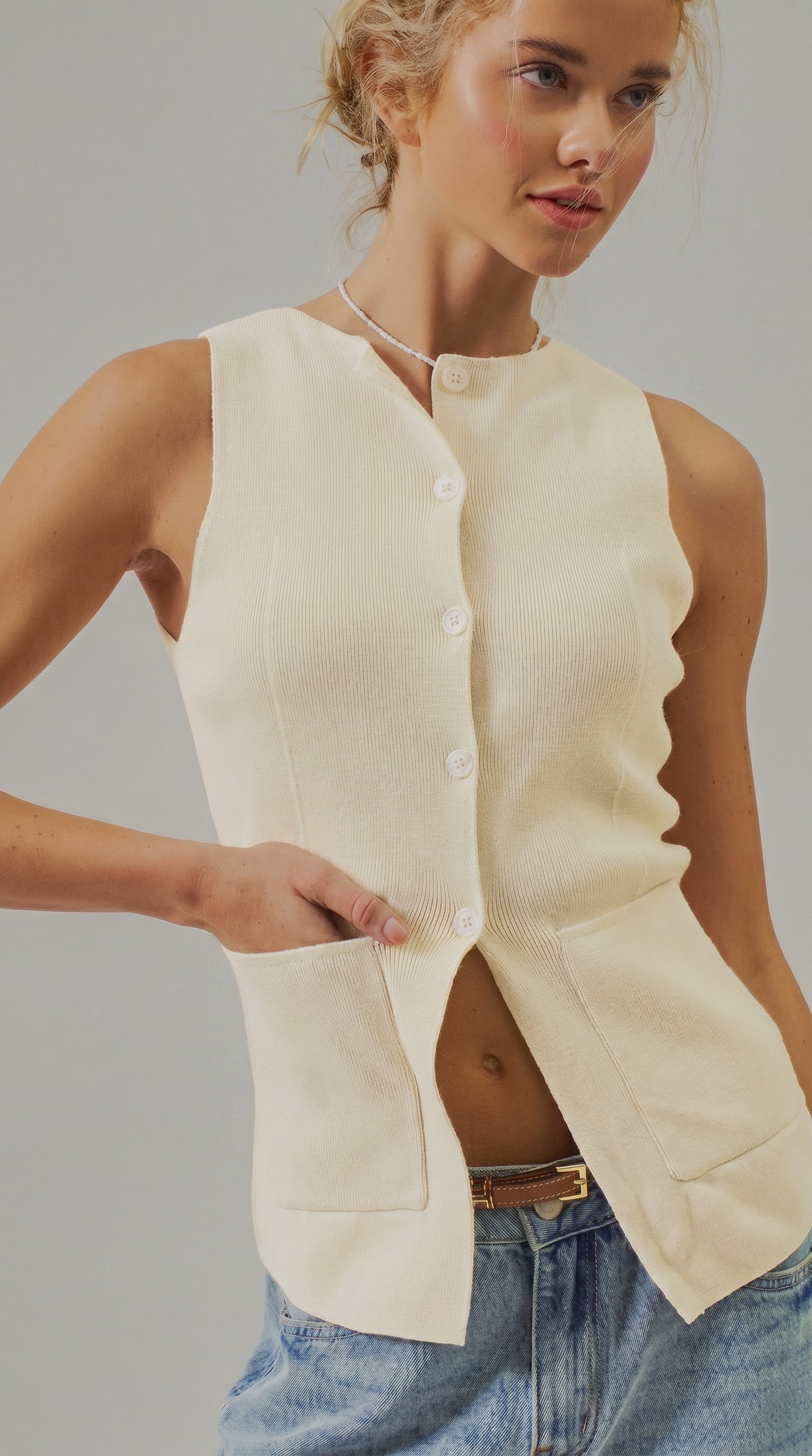 Cotton Knit Button-Front Sweater Vest with Pockets