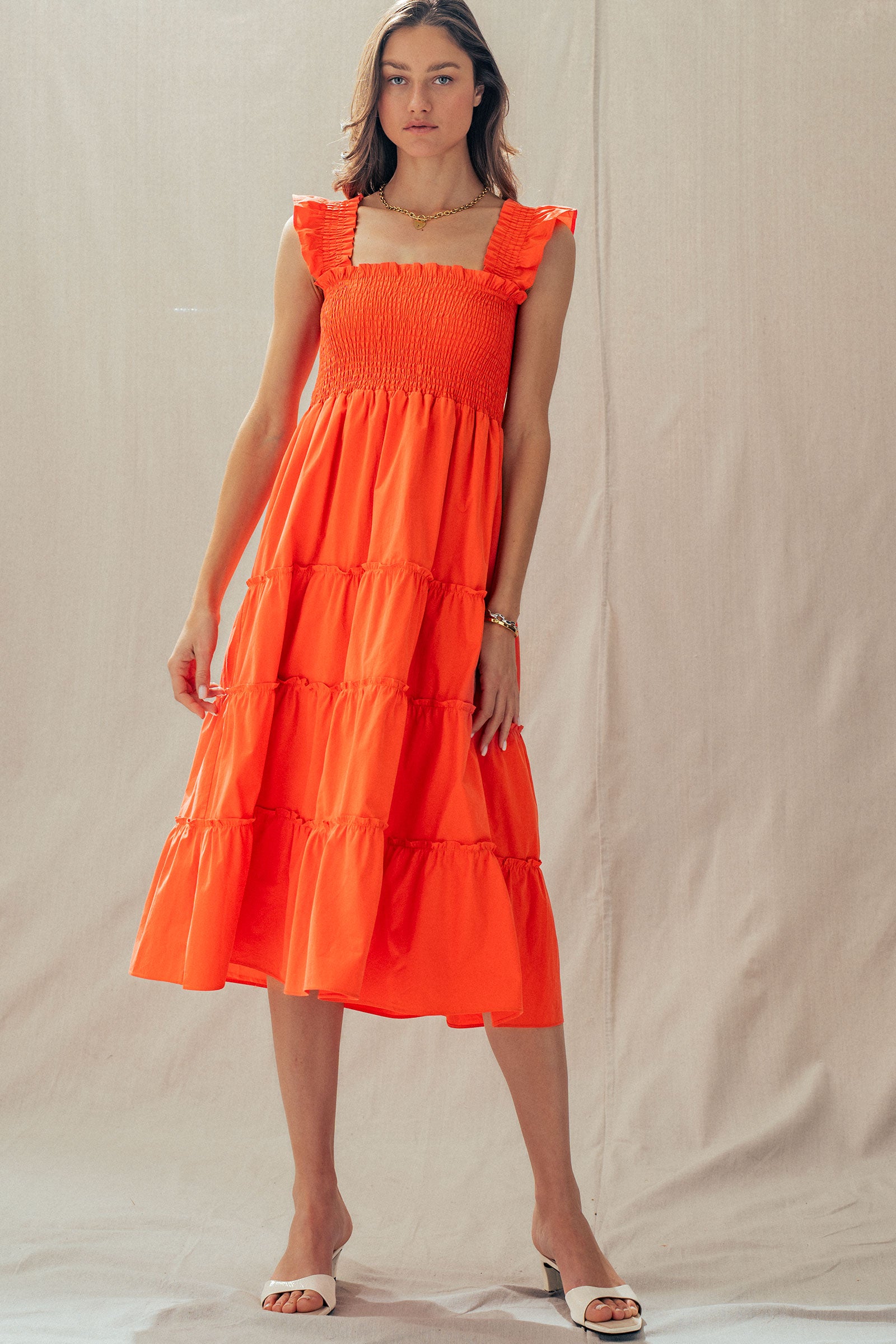 Cotton Smocked Tiered Midi Dress